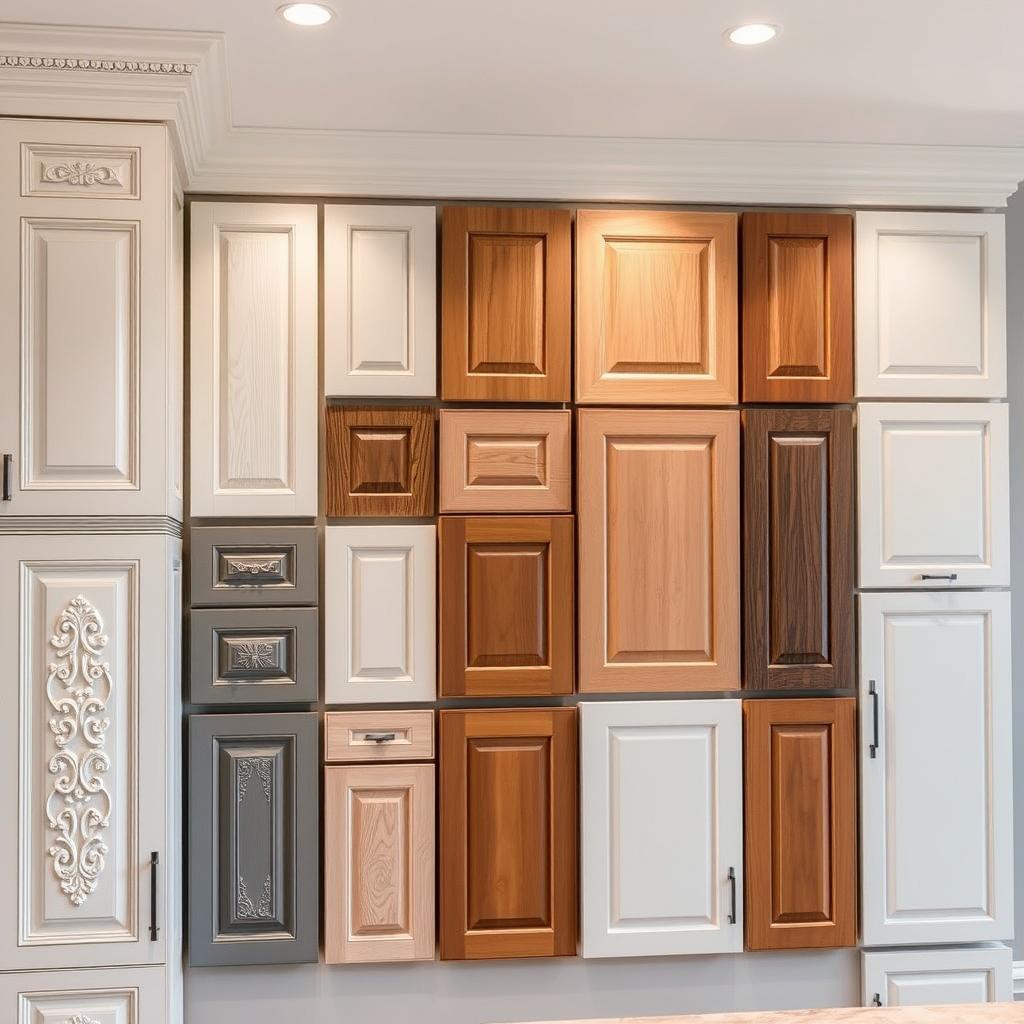 A well-lit kitchen interior featuring a focal wall showcasing a diverse range of traditional and modern cabinetry doors. In the foreground, ornate raised-panel doors with intricate carvings stand alongside sleek, minimalist slab doors in a muted color palette. The middle ground highlights a mix of finishes, from natural wood grains to high-gloss lacquered surfaces. The background subtly frames the scene with a neutral wall color, allowing the cabinetry to take center stage. Soft, directional lighting emphasizes the depth and texture of the materials, creating an inviting and cohesive atmosphere. A well-lit kitchen interior featuring a focal wall showcasing a diverse range of traditional and modern cabinetry doors. In the foreground, ornate raised-panel doors with intricate carvings stand alongside sleek, minimalist slab doors in a muted color palette. The middle ground highlights a mix of finishes, from natural wood grains to high-gloss lacquered surfaces. The background subtly frames the scene with a neutral wall color, allowing the cabinetry to take center stage. Soft, directional lighting emphasizes the depth and texture of the materials, creating an inviting and cohesive atmosphere.