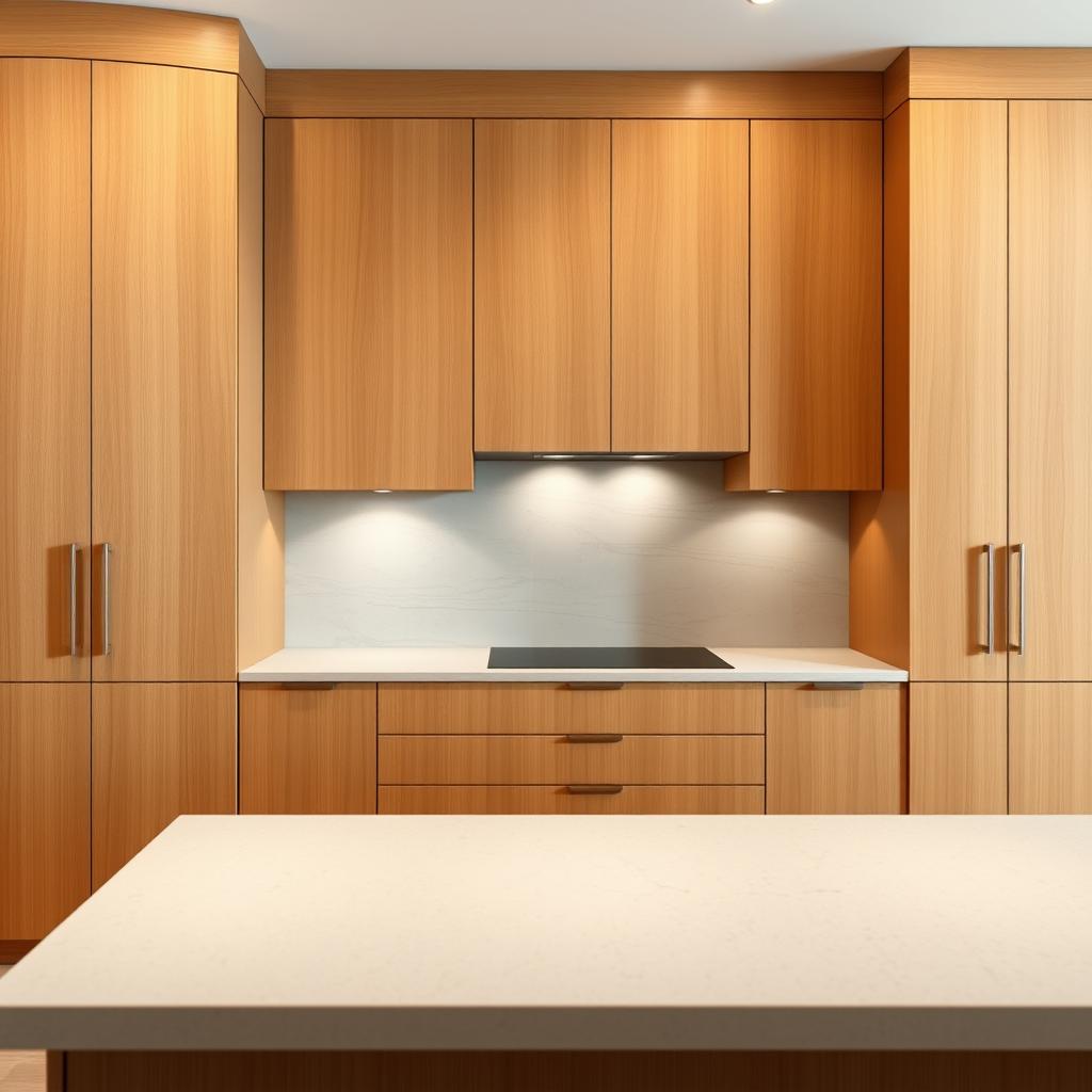A well-lit kitchen interior with crisp, modern cabinets in a warm wood tone. The cabinets extend to the ceiling, creating a sense of height and grandeur. In the foreground, a sleek, neutral-colored quartz countertop seamlessly transitions into a complementary backsplash of large, polished ceramic tiles. The backsplash features a subtle, textured pattern that adds visual interest while harmonizing with the overall design. Soft, directional lighting illuminates the space, casting gentle shadows and highlighting the smooth surfaces. The composition emphasizes the cohesive and harmonious relationship between the cabinets, countertop, and backsplash, showcasing a well-designed and thoughtfully coordinated kitchen. A well-lit kitchen interior with crisp, modern cabinets in a warm wood tone. The cabinets extend to the ceiling, creating a sense of height and grandeur. In the foreground, a sleek, neutral-colored quartz countertop seamlessly transitions into a complementary backsplash of large, polished ceramic tiles. The backsplash features a subtle, textured pattern that adds visual interest while harmonizing with the overall design. Soft, directional lighting illuminates the space, casting gentle shadows and highlighting the smooth surfaces. The composition emphasizes the cohesive and harmonious relationship between the cabinets, countertop, and backsplash, showcasing a well-designed and thoughtfully coordinated kitchen.