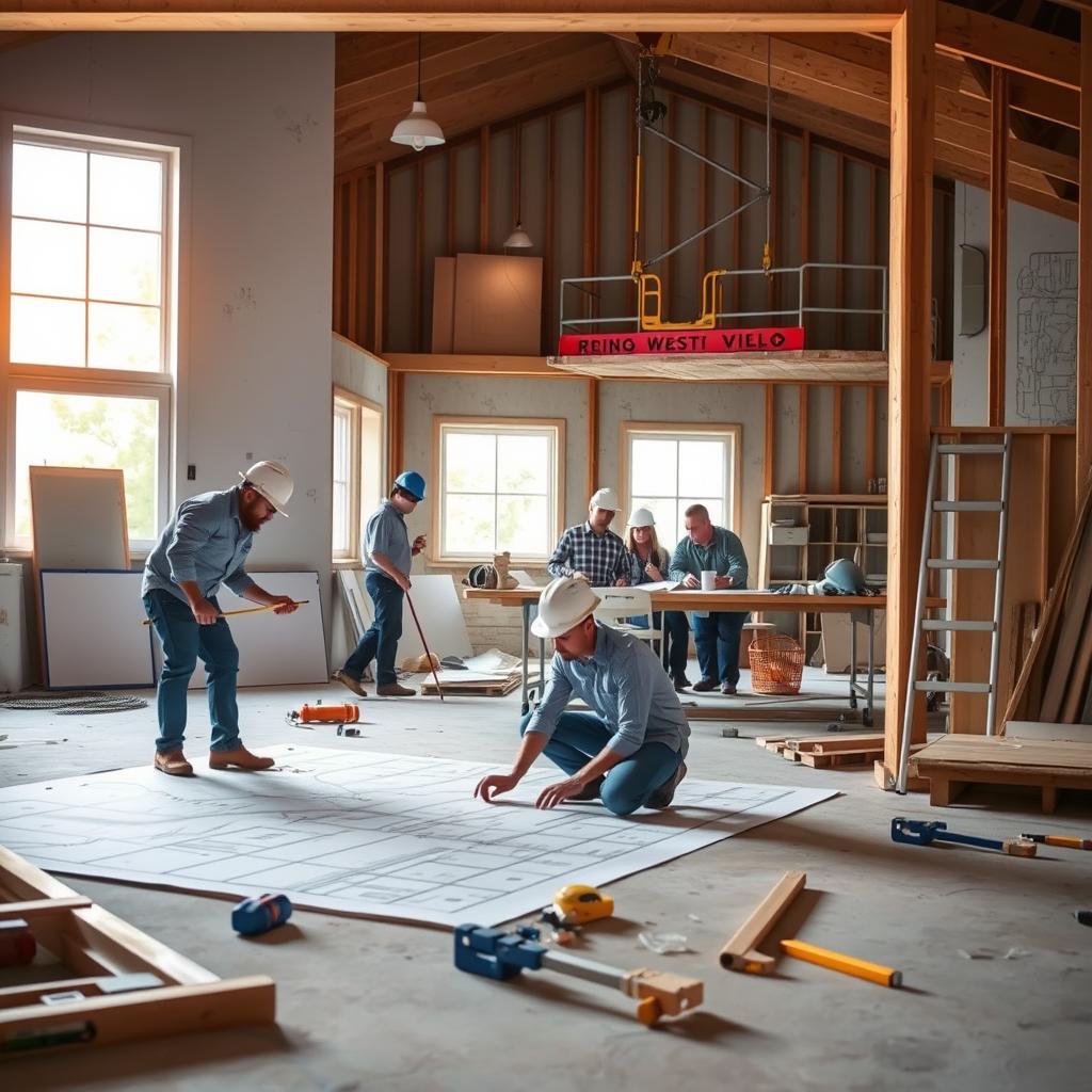 A well-lit kitchen renovation site, with construction workers in the foreground carefully measuring and marking floor plans. In the middle ground, a team of project managers poring over blueprints, while in the background, a crane hoists heavy materials to the second floor. The scene conveys the intricate coordination and attention to detail required for a successful kitchen remodel, hinting at the hidden costs that can arise from scope, location, and labor considerations. A well-lit kitchen renovation site, with construction workers in the foreground carefully measuring and marking floor plans. In the middle ground, a team of project managers poring over blueprints, while in the background, a crane hoists heavy materials to the second floor. The scene conveys the intricate coordination and attention to detail required for a successful kitchen remodel, hinting at the hidden costs that can arise from scope, location, and labor considerations.