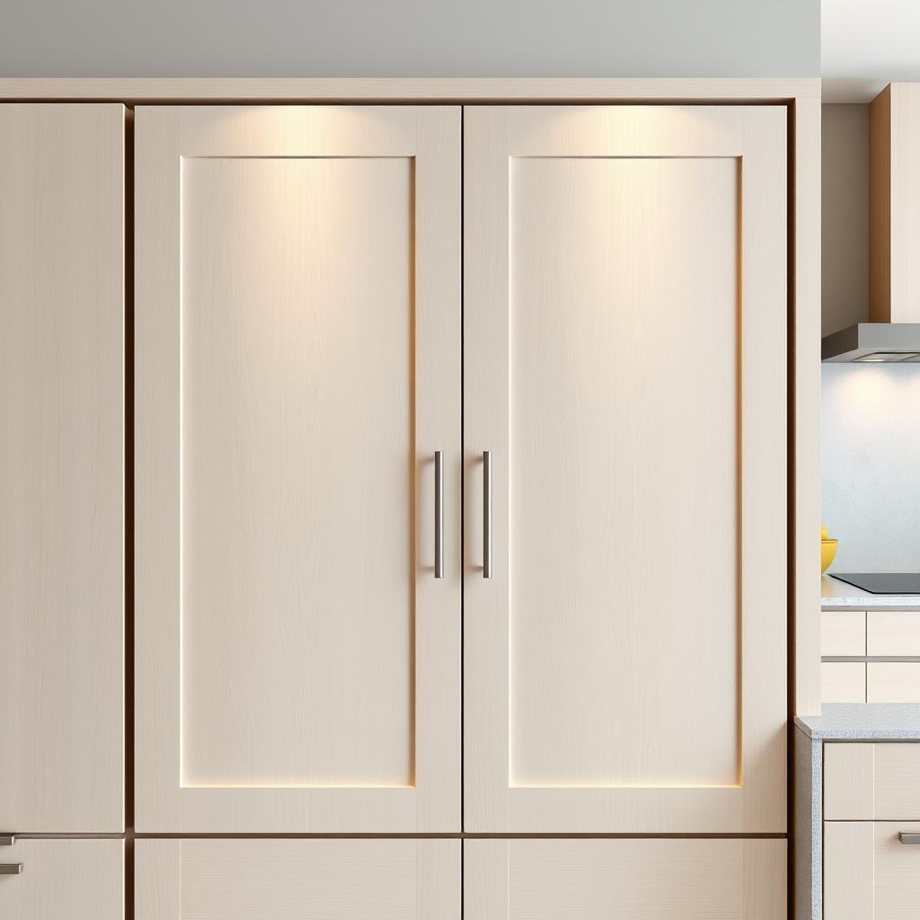 A well-lit, modern kitchen cabinet with a minimalist design. The cabinet doors are made of a sleek, light-colored wood veneer, with a matte finish that catches the soft, diffused light. The doors are set in a simple, clean-lined frame, creating a harmonious and sophisticated aesthetic. The cabinet is placed in a neutral, spacious kitchen environment, with hints of other kitchen elements like countertops and appliances visible in the background, but the focus remains on the beautifully crafted cabinet doors. A well-lit, modern kitchen cabinet with a minimalist design. The cabinet doors are made of a sleek, light-colored wood veneer, with a matte finish that catches the soft, diffused light. The doors are set in a simple, clean-lined frame, creating a harmonious and sophisticated aesthetic. The cabinet is placed in a neutral, spacious kitchen environment, with hints of other kitchen elements like countertops and appliances visible in the background, but the focus remains on the beautifully crafted cabinet doors.