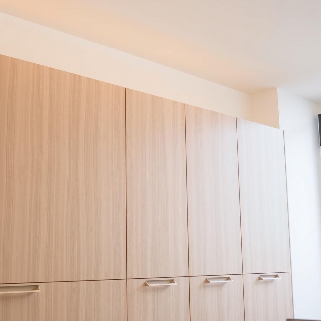 A well-lit, modern kitchen showcasing a row of sleek, minimalist cabinets in a neutral palette. The cabinets have clean, horizontal lines and are made of high-quality wood or a wood-like material, with a subtle grain texture. The doors feature integrated handles, creating a seamless, streamlined appearance. The cabinets are arranged in a cohesive, symmetrical layout, complementing the overall kitchen design. Soft, diffused lighting from above illuminates the cabinet surfaces, highlighting their elegant simplicity. The scene exudes a sense of sophistication and functionality, perfectly suited for a high-end kitchen renovation. A well-lit, modern kitchen showcasing a row of sleek, minimalist cabinets in a neutral palette. The cabinets have clean, horizontal lines and are made of high-quality wood or a wood-like material, with a subtle grain texture. The doors feature integrated handles, creating a seamless, streamlined appearance. The cabinets are arranged in a cohesive, symmetrical layout, complementing the overall kitchen design. Soft, diffused lighting from above illuminates the cabinet surfaces, highlighting their elegant simplicity. The scene exudes a sense of sophistication and functionality, perfectly suited for a high-end kitchen renovation.