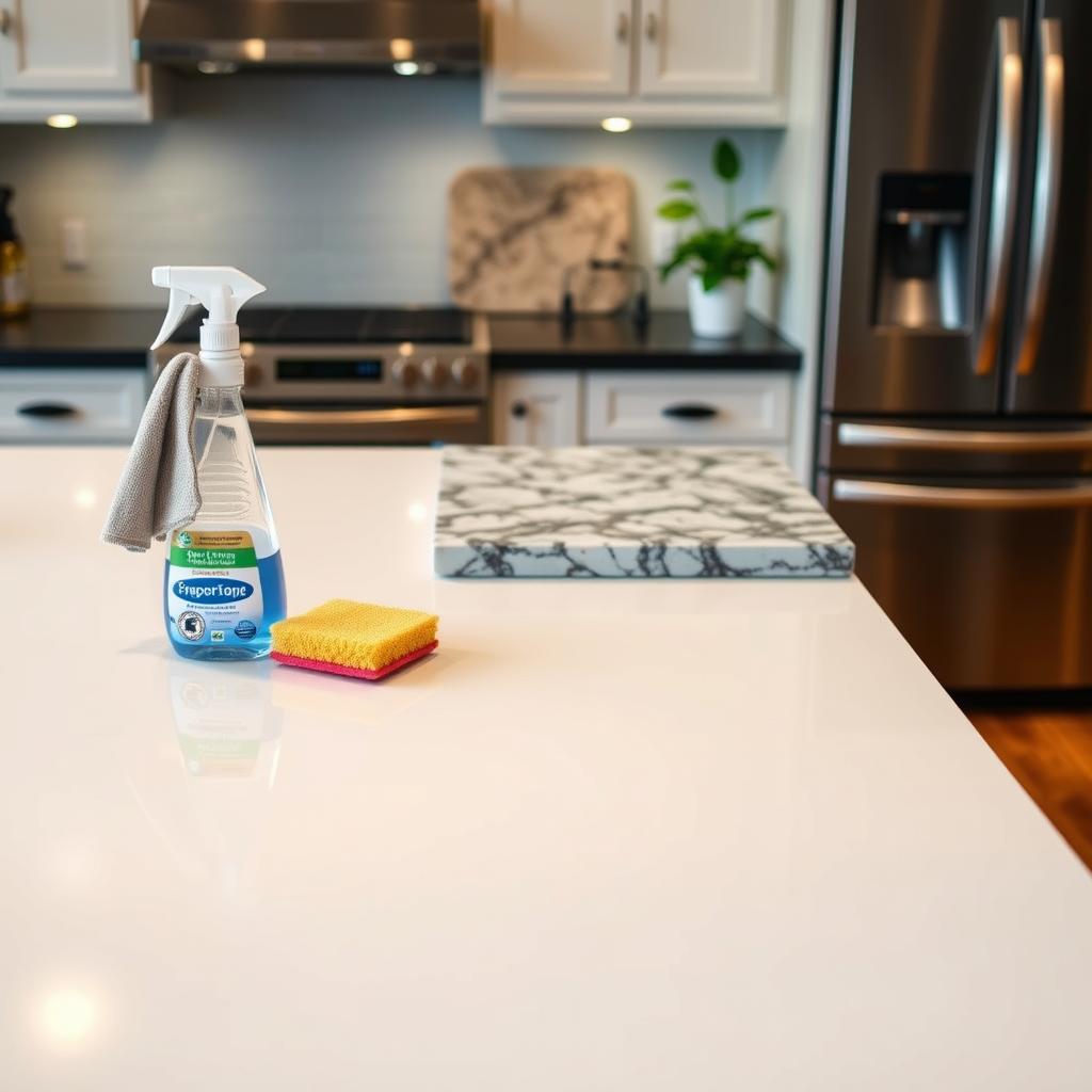 A well-maintained kitchen counter, the smooth quartz surface gleaming under soft, diffused lighting. In the foreground, a sponge and cleaning solution stand ready, while a hand towel hangs neatly nearby. In the middle ground, a granite cutting board rests, its natural veining a subtle contrast. The background reveals a tidy, organized space, with a stainless steel appliance and a potted plant adding touches of warmth. The overall atmosphere conveys a sense of diligent care and attention, reflecting the long-term ownership costs and maintenance requirements of these premium countertop materials. A well-maintained kitchen counter, the smooth quartz surface gleaming under soft, diffused lighting. In the foreground, a sponge and cleaning solution stand ready, while a hand towel hangs neatly nearby. In the middle ground, a granite cutting board rests, its natural veining a subtle contrast. The background reveals a tidy, organized space, with a stainless steel appliance and a potted plant adding touches of warmth. The overall atmosphere conveys a sense of diligent care and attention, reflecting the long-term ownership costs and maintenance requirements of these premium countertop materials.