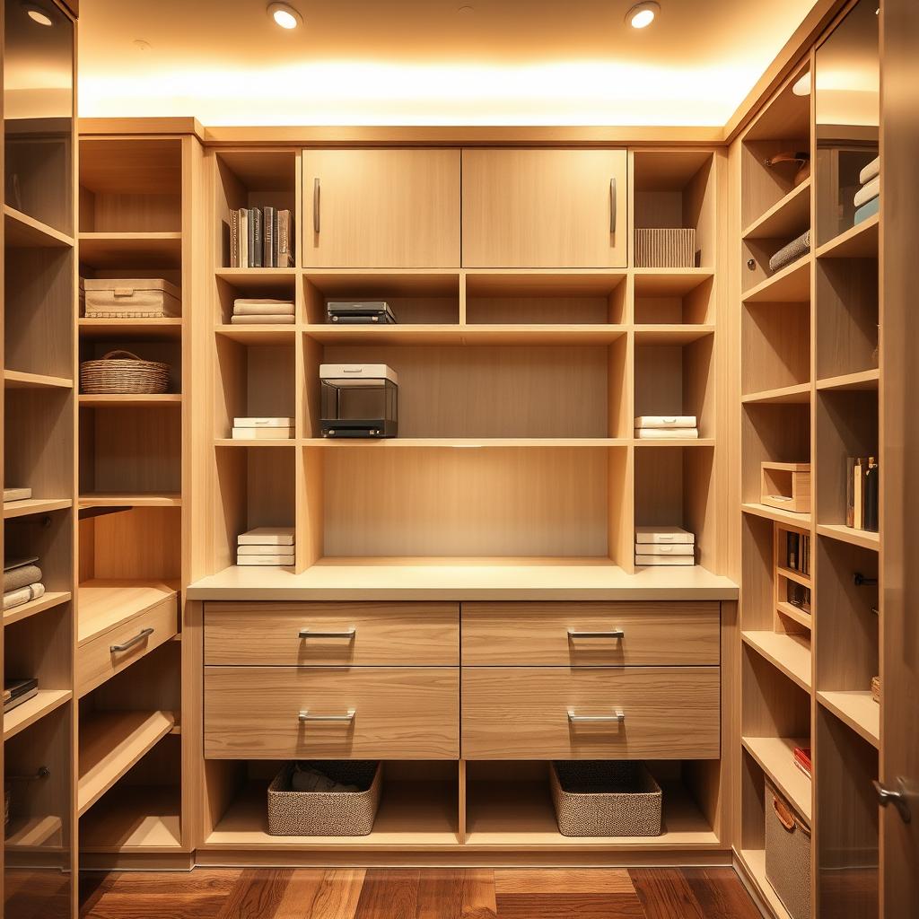 A well-organized and customized storage solution with a mix of open shelving, drawers, and hidden compartments. The image showcases a modern, minimalist design with clean lines and a neutral color palette. The storage units are carefully tailored to the space, offering ample room for organization and display. Warm, diffused lighting illuminates the arrangement, creating a cozy and inviting atmosphere. The camera angle captures the storage units from a slightly elevated perspective, highlighting the thoughtful integration of different storage elements. The overall composition conveys a sense of functionality, adaptability, and personalized style. A well-organized and customized storage solution with a mix of open shelving, drawers, and hidden compartments. The image showcases a modern, minimalist design with clean lines and a neutral color palette. The storage units are carefully tailored to the space, offering ample room for organization and display. Warm, diffused lighting illuminates the arrangement, creating a cozy and inviting atmosphere. The camera angle captures the storage units from a slightly elevated perspective, highlighting the thoughtful integration of different storage elements. The overall composition conveys a sense of functionality, adaptability, and personalized style.