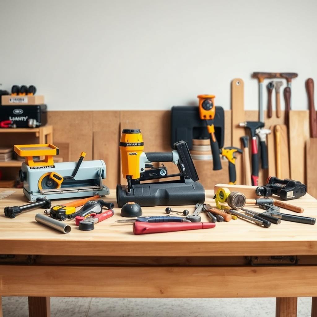 A well-organized workshop space, with a wooden workbench in the foreground. Arrange an assortment of essential floor installation tools, including a tile cutter, flooring nailer, rolling floor scraper, and a selection of hand tools like a hammer, pry bar, and measuring tape. Position the tools neatly on the workbench, creating a visually appealing layout. Ensure the lighting is bright and even, casting a warm glow on the scene. The background should be a clean, neutral environment, allowing the tools to be the focal point. Convey a sense of professional preparedness, signifying the attention to detail required for a high-quality DIY flooring project. A well-organized workshop space, with a wooden workbench in the foreground. Arrange an assortment of essential floor installation tools, including a tile cutter, flooring nailer, rolling floor scraper, and a selection of hand tools like a hammer, pry bar, and measuring tape. Position the tools neatly on the workbench, creating a visually appealing layout. Ensure the lighting is bright and even, casting a warm glow on the scene. The background should be a clean, neutral environment, allowing the tools to be the focal point. Convey a sense of professional preparedness, signifying the attention to detail required for a high-quality DIY flooring project.