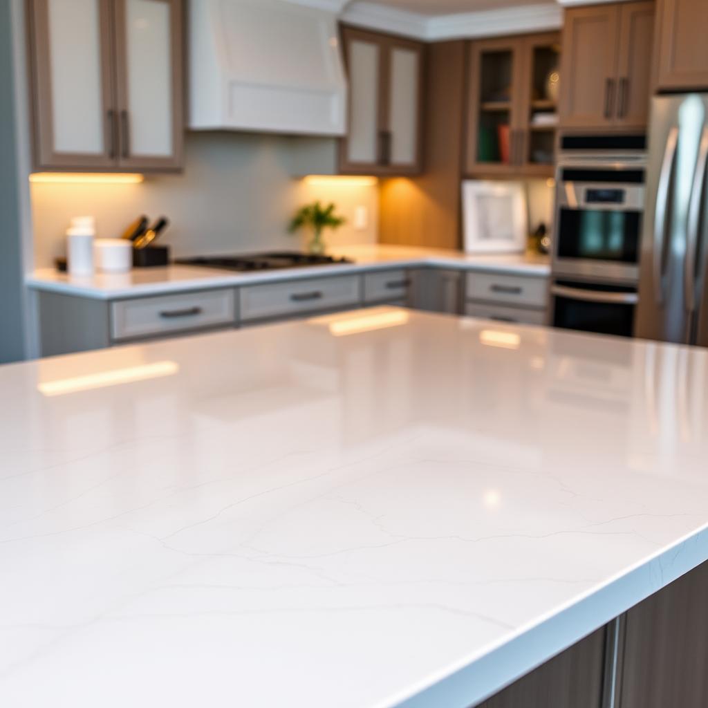 An immaculate quartz countertop with a flawless, satin-smooth surface reflecting the warm, ambient lighting of a stylish kitchen. The countertop's pristine, uniform pattern of subtle veins and soft, muted tones creates an elegant, minimalist aesthetic. The countertop seamlessly blends with the surrounding cabinetry, backsplash, and appliances, exuding a sense of refined, contemporary luxury. Captured from a slightly elevated angle, the image showcases the countertop's durable, low-maintenance qualities and the perfect balance of form and function that makes quartz an increasingly popular choice for modern kitchens. An immaculate quartz countertop with a flawless, satin-smooth surface reflecting the warm, ambient lighting of a stylish kitchen. The countertop's pristine, uniform pattern of subtle veins and soft, muted tones creates an elegant, minimalist aesthetic. The countertop seamlessly blends with the surrounding cabinetry, backsplash, and appliances, exuding a sense of refined, contemporary luxury. Captured from a slightly elevated angle, the image showcases the countertop's durable, low-maintenance qualities and the perfect balance of form and function that makes quartz an increasingly popular choice for modern kitchens.
