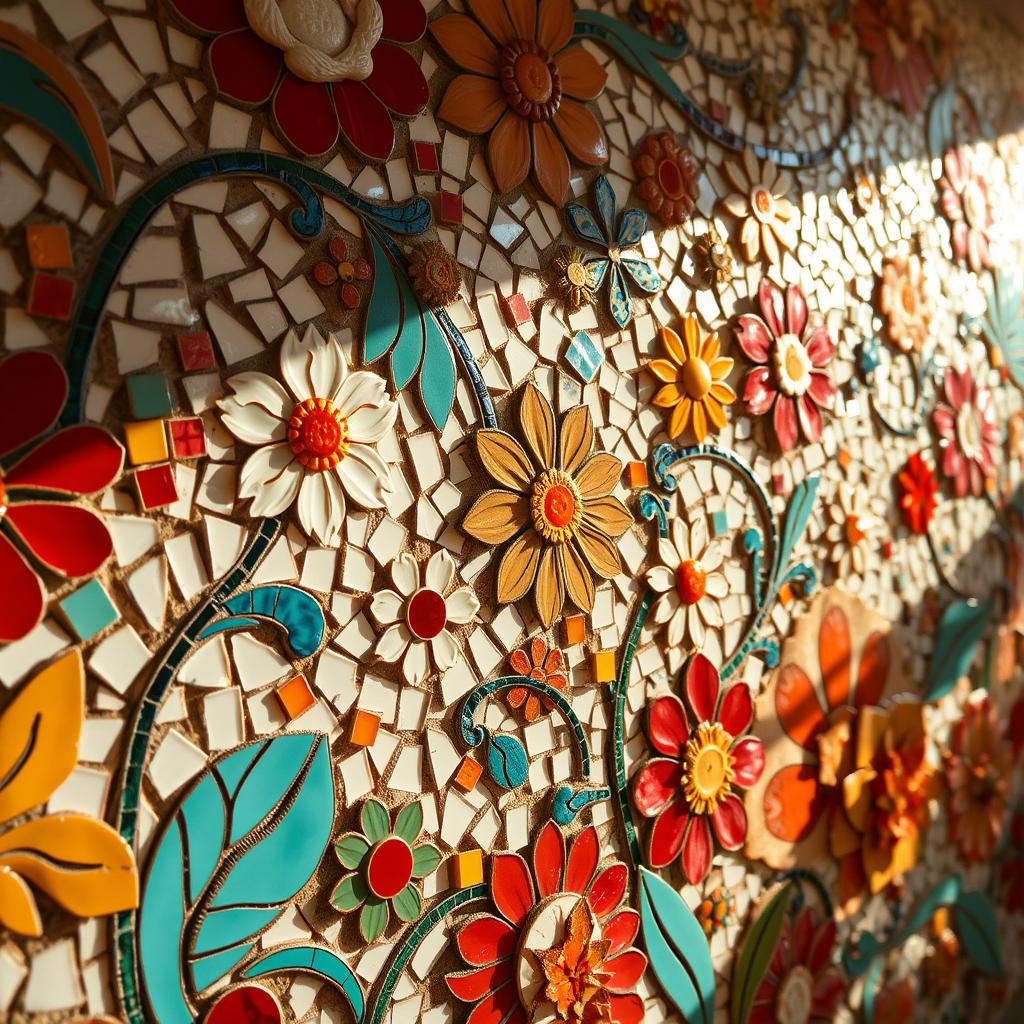 Mosaic tile mural showcasing a vibrant floral pattern, bathed in warm, natural lighting. A kaleidoscope of broken china fragments, ceramics, and hand-cut tiles form an intricate, textured surface. Undulating curves and organic shapes create a captivating, handcrafted aesthetic. The foreground features bold, saturated hues of crimson, turquoise, and gold, while the middle ground transitions to softer, pastel tones. The background subtly blends into a serene, neutral palette, allowing the mosaic art to take center stage. Captured at a medium-wide angle, with a shallow depth of field to accentuate the dimensional quality of the mosaic tiles. Mosaic tile mural showcasing a vibrant floral pattern, bathed in warm, natural lighting. A kaleidoscope of broken china fragments, ceramics, and hand-cut tiles form an intricate, textured surface. Undulating curves and organic shapes create a captivating, handcrafted aesthetic. The foreground features bold, saturated hues of crimson, turquoise, and gold, while the middle ground transitions to softer, pastel tones. The background subtly blends into a serene, neutral palette, allowing the mosaic art to take center stage. Captured at a medium-wide angle, with a shallow depth of field to accentuate the dimensional quality of the mosaic tiles.