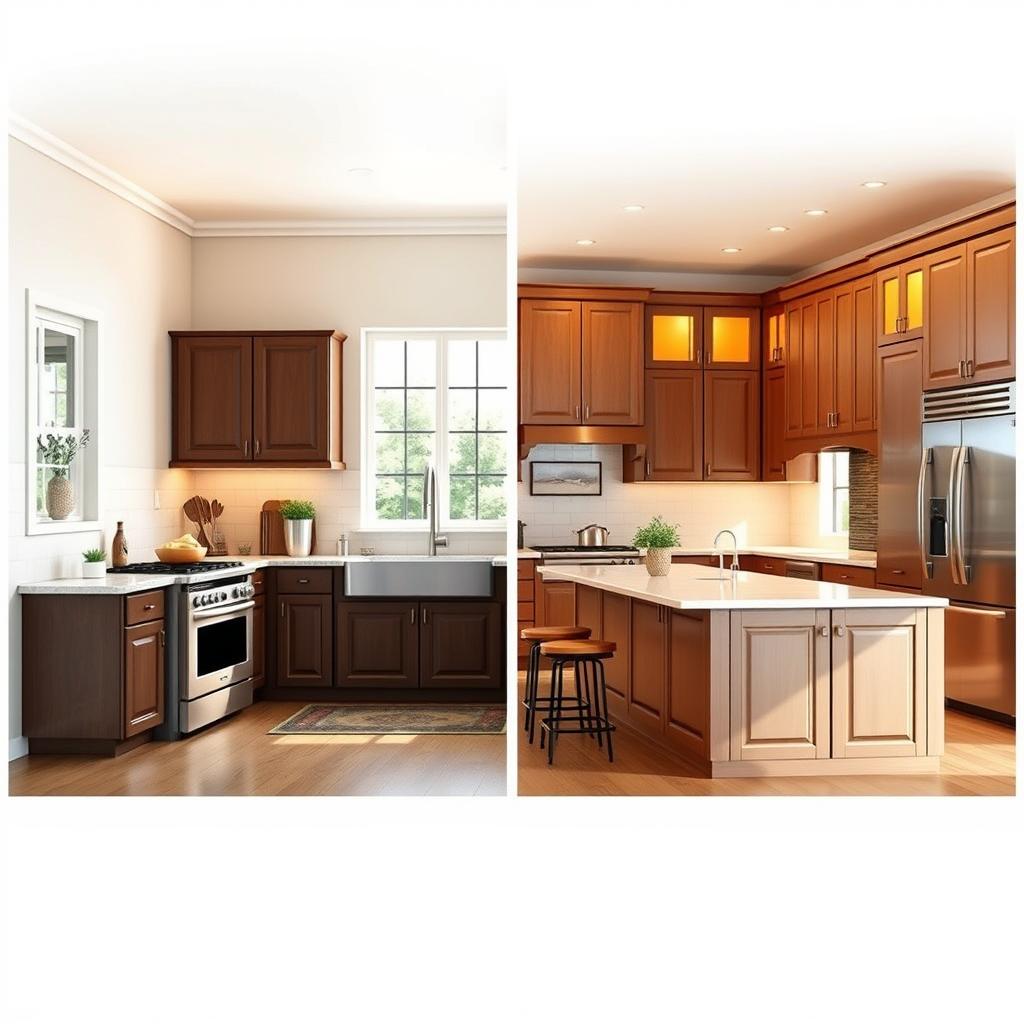 Two kitchens, one small and intimate, the other large and spacious, stand side-by-side in a crisp, realistic rendering. The small kitchen has a cozy, efficient layout with compact appliances and limited counter space, while the large kitchen boasts abundant cabinetry, a sprawling island, and high-end stainless steel appliances. Warm, natural lighting illuminates the scene, casting a welcoming glow. The contrast between the two kitchens highlights the importance of tailoring a layout to the available square footage and the homeowner's specific needs and preferences. Two kitchens, one small and intimate, the other large and spacious, stand side-by-side in a crisp, realistic rendering. The small kitchen has a cozy, efficient layout with compact appliances and limited counter space, while the large kitchen boasts abundant cabinetry, a sprawling island, and high-end stainless steel appliances. Warm, natural lighting illuminates the scene, casting a welcoming glow. The contrast between the two kitchens highlights the importance of tailoring a layout to the available square footage and the homeowner's specific needs and preferences.