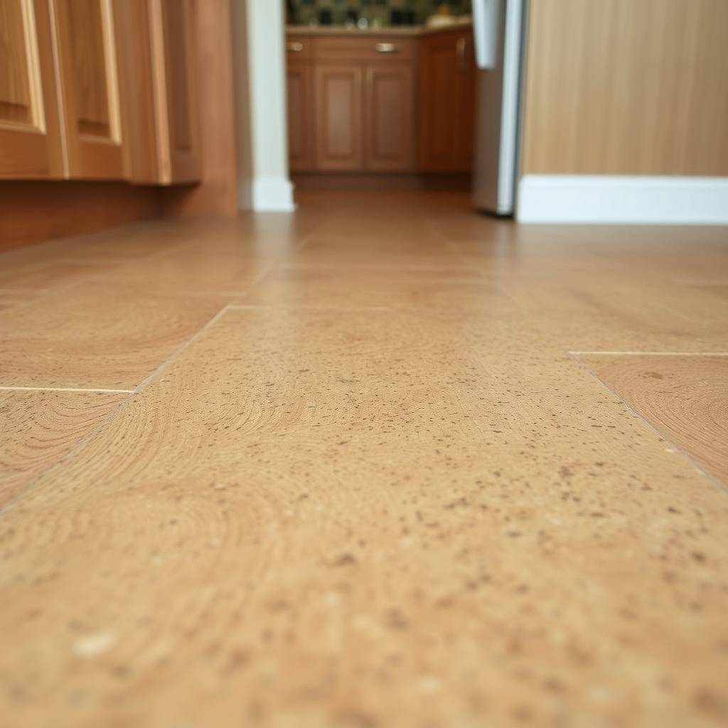 a highly detailed, high-resolution image of a cork kitchen flooring, showcasing the natural, organic texture and warm, earthy tones of the material. The flooring is laid in a seamless pattern, capturing the intricate grain and subtle variations in the cork tiles. The image is shot from a low angle, emphasizing the smooth, even surface of the floor and creating a sense of depth and perspective. The lighting is soft and diffused, highlighting the tactile qualities of the cork and creating a cozy, inviting atmosphere. The background is slightly blurred, keeping the focus on the beautiful cork flooring and its unique characteristics. a highly detailed, high-resolution image of a cork kitchen flooring, showcasing the natural, organic texture and warm, earthy tones of the material. The flooring is laid in a seamless pattern, capturing the intricate grain and subtle variations in the cork tiles. The image is shot from a low angle, emphasizing the smooth, even surface of the floor and creating a sense of depth and perspective. The lighting is soft and diffused, highlighting the tactile qualities of the cork and creating a cozy, inviting atmosphere. The background is slightly blurred, keeping the focus on the beautiful cork flooring and its unique characteristics.