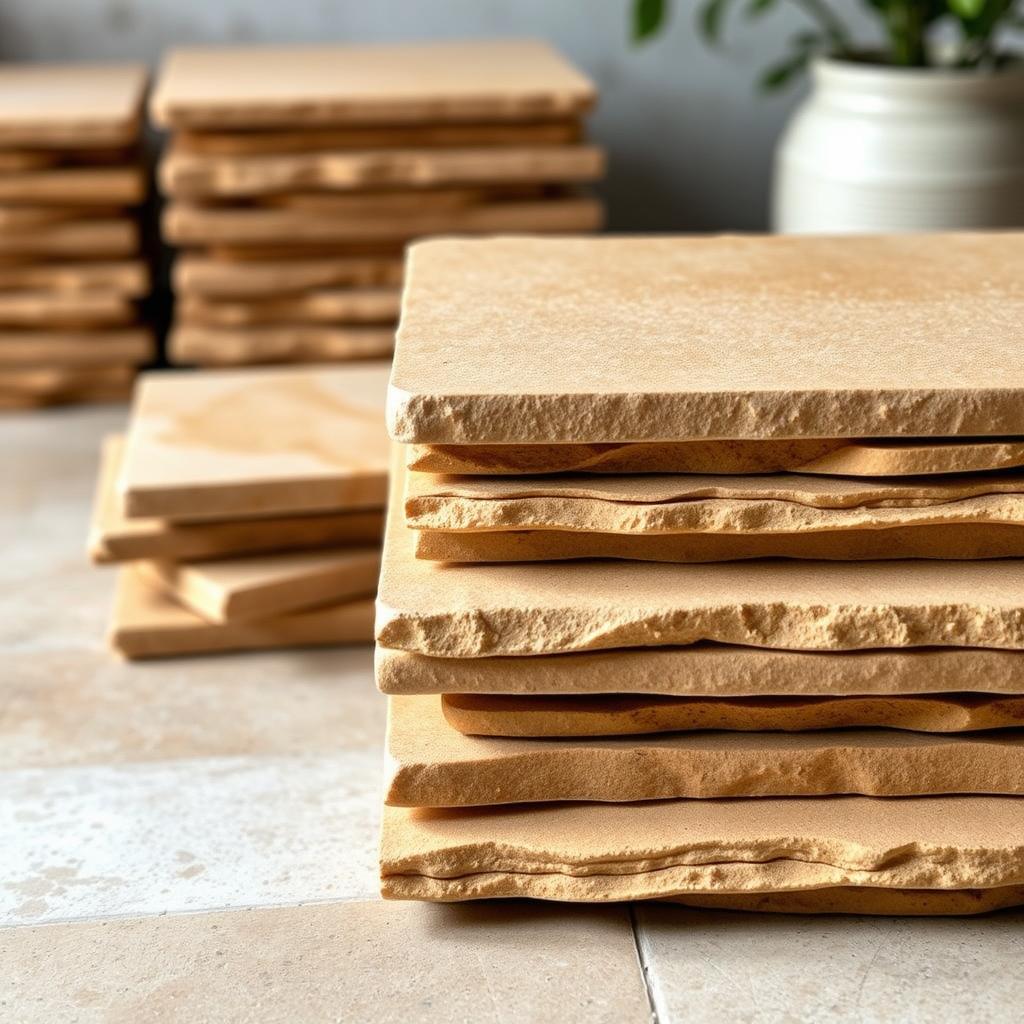 a highly detailed photograph of a stack of buff sandstone tiles with a smooth, textured surface and a warm, earthy tone. The tiles are evenly stacked in the foreground, capturing the natural beauty and variation in the stone. The lighting is soft and diffused, creating gentle shadows that accentuate the tile's depth and dimension. In the middle ground, additional stacks of tiles are visible, showcasing the material's versatility and potential applications. The background is blurred, allowing the focus to remain on the tactile and visually appealing nature of the sandstone tiles. The overall mood is one of rustic elegance and modern country charm, perfectly suited for a cozy, welcoming interior design. a highly detailed photograph of a stack of buff sandstone tiles with a smooth, textured surface and a warm, earthy tone. The tiles are evenly stacked in the foreground, capturing the natural beauty and variation in the stone. The lighting is soft and diffused, creating gentle shadows that accentuate the tile's depth and dimension. In the middle ground, additional stacks of tiles are visible, showcasing the material's versatility and potential applications. The background is blurred, allowing the focus to remain on the tactile and visually appealing nature of the sandstone tiles. The overall mood is one of rustic elegance and modern country charm, perfectly suited for a cozy, welcoming interior design.