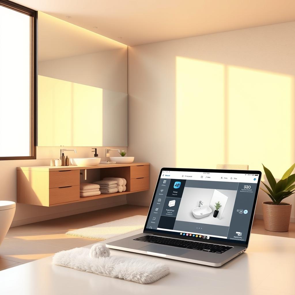 a modern, sleek bathroom interior with a large vanity mirror, contemporary sink fixtures, and a minimalist design aesthetic. The room is bathed in warm, natural light from a large window, creating a bright and airy atmosphere. In the foreground, a high-quality laptop or tablet displays a 3D rendering of the bathroom layout, with various design options and customization tools visible on the screen. The middle ground features stylish bathroom accessories, such as a plush bath mat, decorative towels, and a potted plant, complementing the overall refined aesthetic. The background showcases a tiled wall or flooring, adding texture and depth to the scene. The composition is balanced and visually appealing, highlighting the ease and versatility of the top bathroom design software. a modern, sleek bathroom interior with a large vanity mirror, contemporary sink fixtures, and a minimalist design aesthetic. The room is bathed in warm, natural light from a large window, creating a bright and airy atmosphere. In the foreground, a high-quality laptop or tablet displays a 3D rendering of the bathroom layout, with various design options and customization tools visible on the screen. The middle ground features stylish bathroom accessories, such as a plush bath mat, decorative towels, and a potted plant, complementing the overall refined aesthetic. The background showcases a tiled wall or flooring, adding texture and depth to the scene. The composition is balanced and visually appealing, highlighting the ease and versatility of the top bathroom design software.