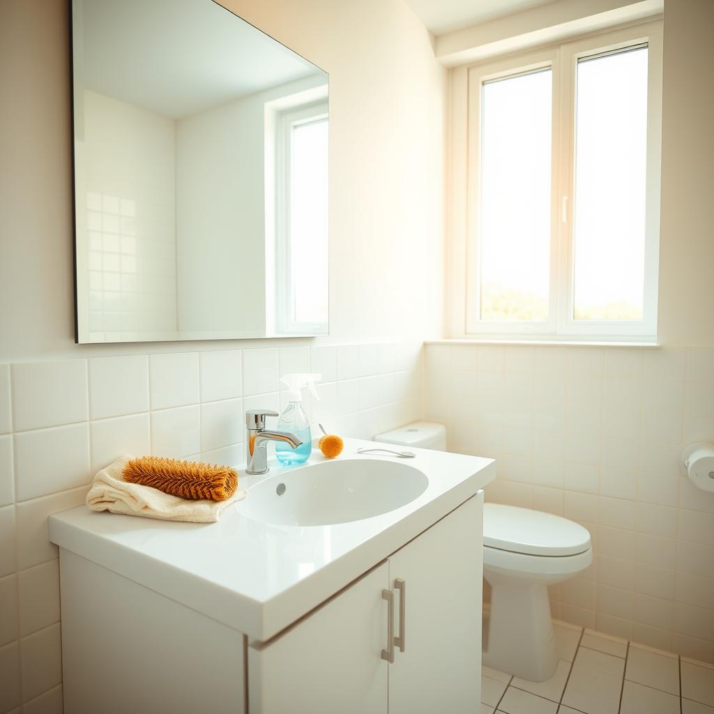 a pristine bathroom with a white tile floor, a gleaming porcelain sink, and a large mirror above it. The room is bathed in warm, natural light filtering through a large window. On the counter, an assortment of cleaning supplies - a spray bottle, a scrub brush, and a microfiber cloth - are neatly arranged. The focus is on the act of cleaning, with the cleaning tools and the clean, organized surfaces conveying a sense of order and attention to detail. The image evokes a feeling of a fresh, spotless space, ready for daily and weekly maintenance. a pristine bathroom with a white tile floor, a gleaming porcelain sink, and a large mirror above it. The room is bathed in warm, natural light filtering through a large window. On the counter, an assortment of cleaning supplies - a spray bottle, a scrub brush, and a microfiber cloth - are neatly arranged. The focus is on the act of cleaning, with the cleaning tools and the clean, organized surfaces conveying a sense of order and attention to detail. The image evokes a feeling of a fresh, spotless space, ready for daily and weekly maintenance.
