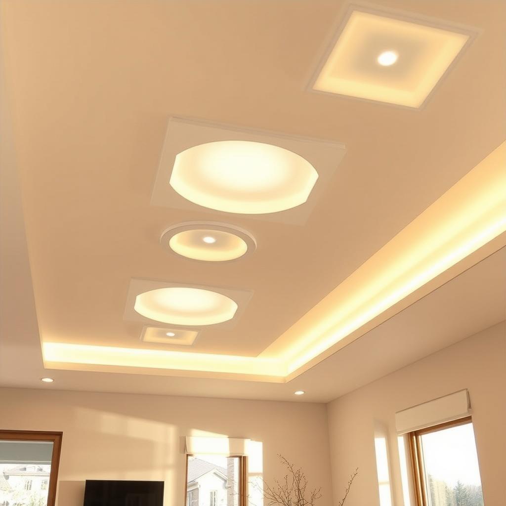 installation led ceiling, modern and minimalist, circular or square recessed led lights installed flush with the ceiling surface, creating a clean and seamless look, diffuse and evenly distributed lighting, warm white color temperature, high cri, dimmable function, room with neutral colored walls, wooden furniture, natural light from windows, soft shadows, tranquil and cozy atmosphere installation led ceiling, modern and minimalist, circular or square recessed led lights installed flush with the ceiling surface, creating a clean and seamless look, diffuse and evenly distributed lighting, warm white color temperature, high cri, dimmable function, room with neutral colored walls, wooden furniture, natural light from windows, soft shadows, tranquil and cozy atmosphere