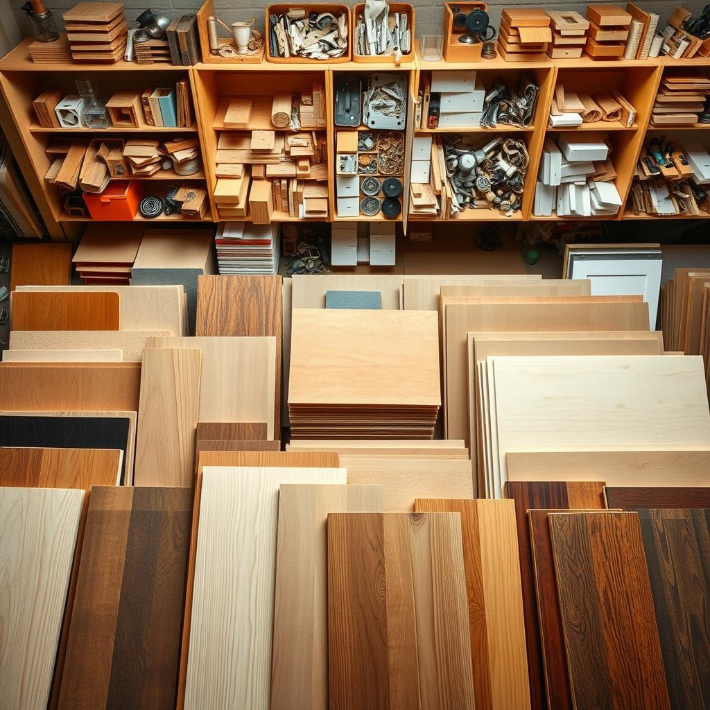 stock cabinets materials - A well-lit overhead view of an assortment of common cabinet-making materials. Prominently displayed in the foreground are various wood samples, including oak, maple, cherry, and pine, arranged in a visually appealing layout. In the middle ground, there are stacks of plywood sheets, MDF panels, and veneer sheets. The background features shelves filled with hardware such as hinges, knobs, pulls, and other cabinet accessories. The lighting is warm and natural, casting subtle shadows that add depth and texture to the scene. The overall mood is one of craftsmanship and the diverse material options available for cabinet construction. stock cabinets materials - A well-lit overhead view of an assortment of common cabinet-making materials. Prominently displayed in the foreground are various wood samples, including oak, maple, cherry, and pine, arranged in a visually appealing layout. In the middle ground, there are stacks of plywood sheets, MDF panels, and veneer sheets. The background features shelves filled with hardware such as hinges, knobs, pulls, and other cabinet accessories. The lighting is warm and natural, casting subtle shadows that add depth and texture to the scene. The overall mood is one of craftsmanship and the diverse material options available for cabinet construction.