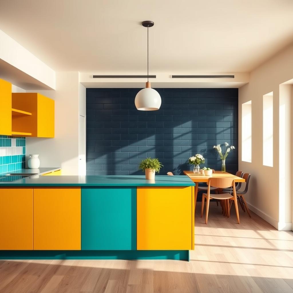 A beautifully designed modern kitchen showcasing vibrant color blocking techniques. In the foreground, a sleek kitchen island with a rich teal countertop contrasts against warm mustard yellow cabinets. The middle ground features a wall of deep navy tiles, seamlessly integrating with cream-colored walls, accentuated by geometric patterns. A stylish pendant light illuminates the scene, casting soft shadows that enhance the colors. The background shows a cozy dining nook with understated pastel accents, all under natural light streaming in from large windows. The atmosphere is inviting and contemporary, celebrating the innovative use of color in kitchen design. The overall composition is balanced, highlighting the interplay of colors and textures without any text or distractions. A beautifully designed modern kitchen showcasing vibrant color blocking techniques. In the foreground, a sleek kitchen island with a rich teal countertop contrasts against warm mustard yellow cabinets. The middle ground features a wall of deep navy tiles, seamlessly integrating with cream-colored walls, accentuated by geometric patterns. A stylish pendant light illuminates the scene, casting soft shadows that enhance the colors. The background shows a cozy dining nook with understated pastel accents, all under natural light streaming in from large windows. The atmosphere is inviting and contemporary, celebrating the innovative use of color in kitchen design. The overall composition is balanced, highlighting the interplay of colors and textures without any text or distractions.