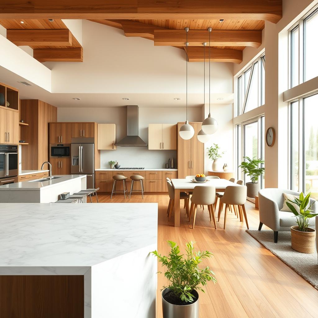 A beautifully designed open-concept kitchen featuring a spacious layout that seamlessly blends the cooking and dining areas. In the foreground, a modern island with bar stools invites social interaction. The middle ground showcases elegant cabinetry, a sleek countertop, and high-end appliances, emphasizing functionality and style. In the background, large windows flood the space with natural light, enhancing the airy feel of the kitchen. Warm, neutral tones create a welcoming atmosphere, while subtle greenery in the form of potted herbs adds a touch of life. The mood is vibrant yet relaxed, perfect for family gatherings and entertaining. Capture this inviting space at a wide-angle to showcase the entire design, with soft, diffuse lighting highlighting the kitchen's best features. A beautifully designed open-concept kitchen featuring a spacious layout that seamlessly blends the cooking and dining areas. In the foreground, a modern island with bar stools invites social interaction. The middle ground showcases elegant cabinetry, a sleek countertop, and high-end appliances, emphasizing functionality and style. In the background, large windows flood the space with natural light, enhancing the airy feel of the kitchen. Warm, neutral tones create a welcoming atmosphere, while subtle greenery in the form of potted herbs adds a touch of life. The mood is vibrant yet relaxed, perfect for family gatherings and entertaining. Capture this inviting space at a wide-angle to showcase the entire design, with soft, diffuse lighting highlighting the kitchen's best features.