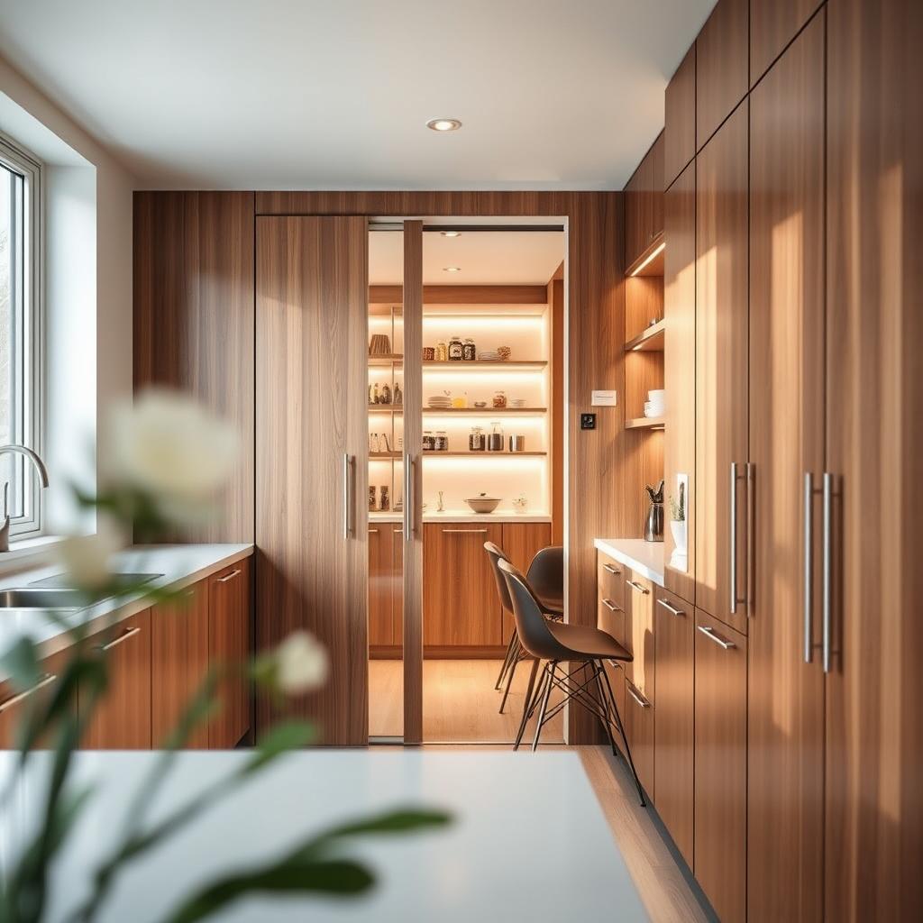 A beautifully designed small kitchen featuring a hidden pantry accessed by elegant sliding doors that blend seamlessly with the cabinetry. In the foreground, soft natural light filters through a nearby window, illuminating the rich wood tones and sleek finishes of the cabinetry. In the middle ground, the sliding doors are partially open, revealing neatly organized shelves filled with jars and kitchen essentials. The pantry's interior is well-lit, highlighting its accessibility and clever use of space. In the background, a small dining table with stylish chairs adds warmth and functionality to the room. The overall atmosphere is modern, inviting, and efficient, perfect for maximizing space in a compact kitchen. The angle captures the depth of the room, emphasizing the clever design solutions employed. A beautifully designed small kitchen featuring a hidden pantry accessed by elegant sliding doors that blend seamlessly with the cabinetry. In the foreground, soft natural light filters through a nearby window, illuminating the rich wood tones and sleek finishes of the cabinetry. In the middle ground, the sliding doors are partially open, revealing neatly organized shelves filled with jars and kitchen essentials. The pantry's interior is well-lit, highlighting its accessibility and clever use of space. In the background, a small dining table with stylish chairs adds warmth and functionality to the room. The overall atmosphere is modern, inviting, and efficient, perfect for maximizing space in a compact kitchen. The angle captures the depth of the room, emphasizing the clever design solutions employed.