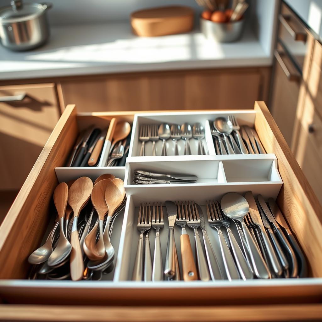 A beautifully organized kitchen drawer featuring stylish drawer dividers and a two-tier cutlery tray within a deep base. In the foreground, show the neatly divided sections filled with an assortment of utensils, including spoons, forks, and knives, organized by size and type. The middle area should highlight the sleek design of the cutlery tray, showcasing the two levels and their functional arrangement. In the background, a softly lit kitchen ambiance creates a warm, inviting atmosphere, with subtle shadows enhancing the depth of the drawer. Use natural lighting to capture the textures of the wood and metal utensils, emphasizing cleanliness and efficiency. The angle should be slightly above the drawer, offering a clear view of its organized contents, exuding a sense of satisfaction and practicality. A beautifully organized kitchen drawer featuring stylish drawer dividers and a two-tier cutlery tray within a deep base. In the foreground, show the neatly divided sections filled with an assortment of utensils, including spoons, forks, and knives, organized by size and type. The middle area should highlight the sleek design of the cutlery tray, showcasing the two levels and their functional arrangement. In the background, a softly lit kitchen ambiance creates a warm, inviting atmosphere, with subtle shadows enhancing the depth of the drawer. Use natural lighting to capture the textures of the wood and metal utensils, emphasizing cleanliness and efficiency. The angle should be slightly above the drawer, offering a clear view of its organized contents, exuding a sense of satisfaction and practicality.
