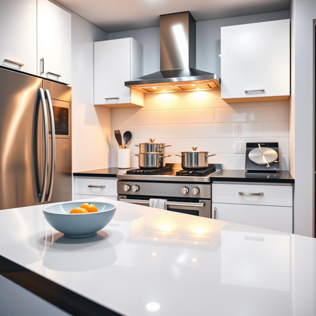 A bright, modern small kitchen featuring reflective surfaces like gleaming stainless steel appliances, glossy white cabinets, and a polished black countertop. In the foreground, a sleek, well-organized kitchen island with a small decorative fruit bowl and kitchen utensils reflects light beautifully. The middle layer showcases a stylish stovetop with reflective pots and pans, elegantly arranged to enhance the sense of space and light. In the background, under-cabinet lighting creates a warm atmosphere, illuminating the kitchen and casting soft shadows. The scene is captured from a slightly elevated angle, emphasizing the open layout and maximizing the play of light across the surfaces. The overall mood is fresh and inviting, showcasing how reflective surfaces can enhance the brightness of a small kitchen. A bright, modern small kitchen featuring reflective surfaces like gleaming stainless steel appliances, glossy white cabinets, and a polished black countertop. In the foreground, a sleek, well-organized kitchen island with a small decorative fruit bowl and kitchen utensils reflects light beautifully. The middle layer showcases a stylish stovetop with reflective pots and pans, elegantly arranged to enhance the sense of space and light. In the background, under-cabinet lighting creates a warm atmosphere, illuminating the kitchen and casting soft shadows. The scene is captured from a slightly elevated angle, emphasizing the open layout and maximizing the play of light across the surfaces. The overall mood is fresh and inviting, showcasing how reflective surfaces can enhance the brightness of a small kitchen.