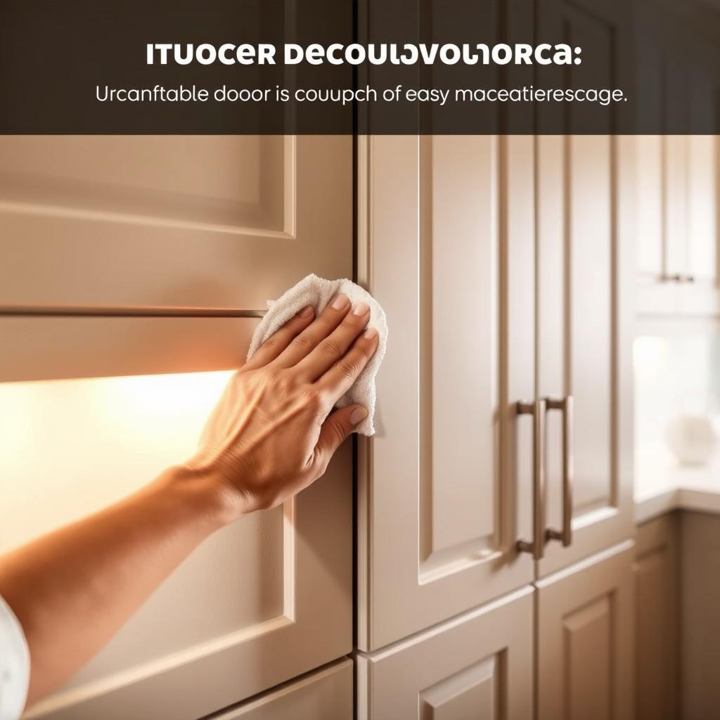 A bright, well-lit kitchen with a focus on the cabinet doors. The cabinet doors have a matte, smooth finish that appears durable and easy to maintain. A hand is gently wiping the cabinet door with a microfiber cloth, demonstrating the effortless cleaning process and the lack of visible fingerprints or smudges. The cabinet hinges and hardware are subtle, complementing the overall sleek, modern design. The background is slightly blurred, keeping the attention on the cabinet doors and the cleaning process. The lighting is soft and diffused, creating a warm, inviting atmosphere that highlights the cabinet's durability and easy maintenance. A bright, well-lit kitchen with a focus on the cabinet doors. The cabinet doors have a matte, smooth finish that appears durable and easy to maintain. A hand is gently wiping the cabinet door with a microfiber cloth, demonstrating the effortless cleaning process and the lack of visible fingerprints or smudges. The cabinet hinges and hardware are subtle, complementing the overall sleek, modern design. The background is slightly blurred, keeping the attention on the cabinet doors and the cleaning process. The lighting is soft and diffused, creating a warm, inviting atmosphere that highlights the cabinet's durability and easy maintenance.