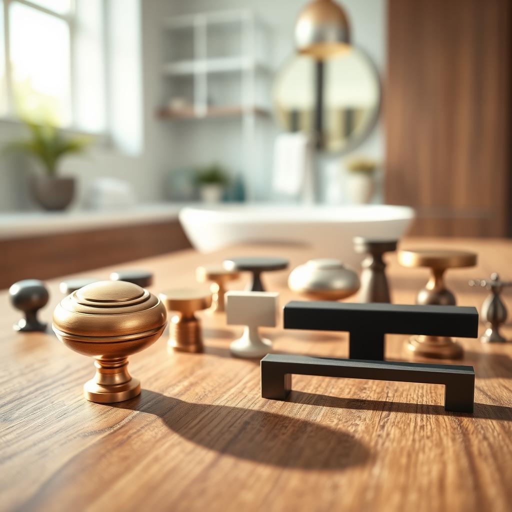 A close-up composition featuring an array of stylish cabinet knobs and pulls, showcasing various finishes like brass, matte black, polished nickel, and antique bronze. In the foreground, highlight an elegant round knob and a sleek rectangular pull, both artfully arranged on a textured wooden surface. The middle ground should include a variety of hardware styles, emphasizing the differences in design and size. Soft, natural lighting filters in from one side, creating gentle highlights and shadows that emphasize the craftsmanship of each piece. In the background, a blurred interior setting of a modern kitchen or elegant bathroom offers context, enhancing the mood of sophistication and style. The overall atmosphere is warm and inviting, suitable for a design-focused article. A close-up composition featuring an array of stylish cabinet knobs and pulls, showcasing various finishes like brass, matte black, polished nickel, and antique bronze. In the foreground, highlight an elegant round knob and a sleek rectangular pull, both artfully arranged on a textured wooden surface. The middle ground should include a variety of hardware styles, emphasizing the differences in design and size. Soft, natural lighting filters in from one side, creating gentle highlights and shadows that emphasize the craftsmanship of each piece. In the background, a blurred interior setting of a modern kitchen or elegant bathroom offers context, enhancing the mood of sophistication and style. The overall atmosphere is warm and inviting, suitable for a design-focused article.