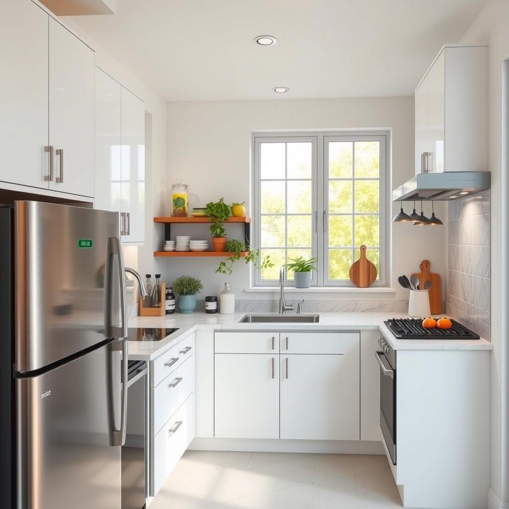 A cozy L-shaped small kitchen designed for efficiency and style, featuring sleek white cabinets with modern silver handles, and a compact marble countertop. The foreground displays a stylish stainless-steel refrigerator and a compact gas stove with a stylish backsplash, while a small, multifunctional island sits at the corner, providing extra prep space. The middle area includes open shelving adorned with vibrant kitchenware, potted herbs, and neatly organized utensils. In the background, large windows invite warm, natural light, casting a soft glow over the kitchen. The atmosphere is inviting and functional, ideal for cooking and socializing. A subtle color palette of soft blues and whites enhances the spacious feel of this practical layout. A cozy L-shaped small kitchen designed for efficiency and style, featuring sleek white cabinets with modern silver handles, and a compact marble countertop. The foreground displays a stylish stainless-steel refrigerator and a compact gas stove with a stylish backsplash, while a small, multifunctional island sits at the corner, providing extra prep space. The middle area includes open shelving adorned with vibrant kitchenware, potted herbs, and neatly organized utensils. In the background, large windows invite warm, natural light, casting a soft glow over the kitchen. The atmosphere is inviting and functional, ideal for cooking and socializing. A subtle color palette of soft blues and whites enhances the spacious feel of this practical layout.