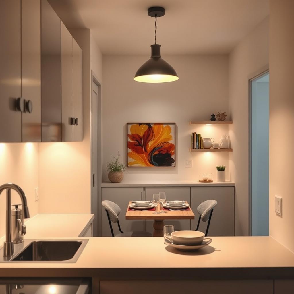 A cozy, modern compact kitchen featuring a layered lighting design. In the foreground, soft ambient lighting emits a warm glow from stylish under-cabinet fixtures, illuminating the countertop's sleek surface. The middle ground showcases a pendant light above a small dining area, casting focused task lighting that highlights a neatly set table. Accent lighting highlights a vibrant piece of artwork on the wall, adding a splash of color. The background presents a clean, minimalist aesthetic with open shelving displaying kitchen essentials, all bathed in soft, diffused light. The overall mood is inviting and functional, perfect for a small space, with a balance of illumination creating depth and warmth. Photographed with a 35mm lens from a slightly elevated angle, allowing for a clear view of the layered lighting effects. A cozy, modern compact kitchen featuring a layered lighting design. In the foreground, soft ambient lighting emits a warm glow from stylish under-cabinet fixtures, illuminating the countertop's sleek surface. The middle ground showcases a pendant light above a small dining area, casting focused task lighting that highlights a neatly set table. Accent lighting highlights a vibrant piece of artwork on the wall, adding a splash of color. The background presents a clean, minimalist aesthetic with open shelving displaying kitchen essentials, all bathed in soft, diffused light. The overall mood is inviting and functional, perfect for a small space, with a balance of illumination creating depth and warmth. Photographed with a 35mm lens from a slightly elevated angle, allowing for a clear view of the layered lighting effects.