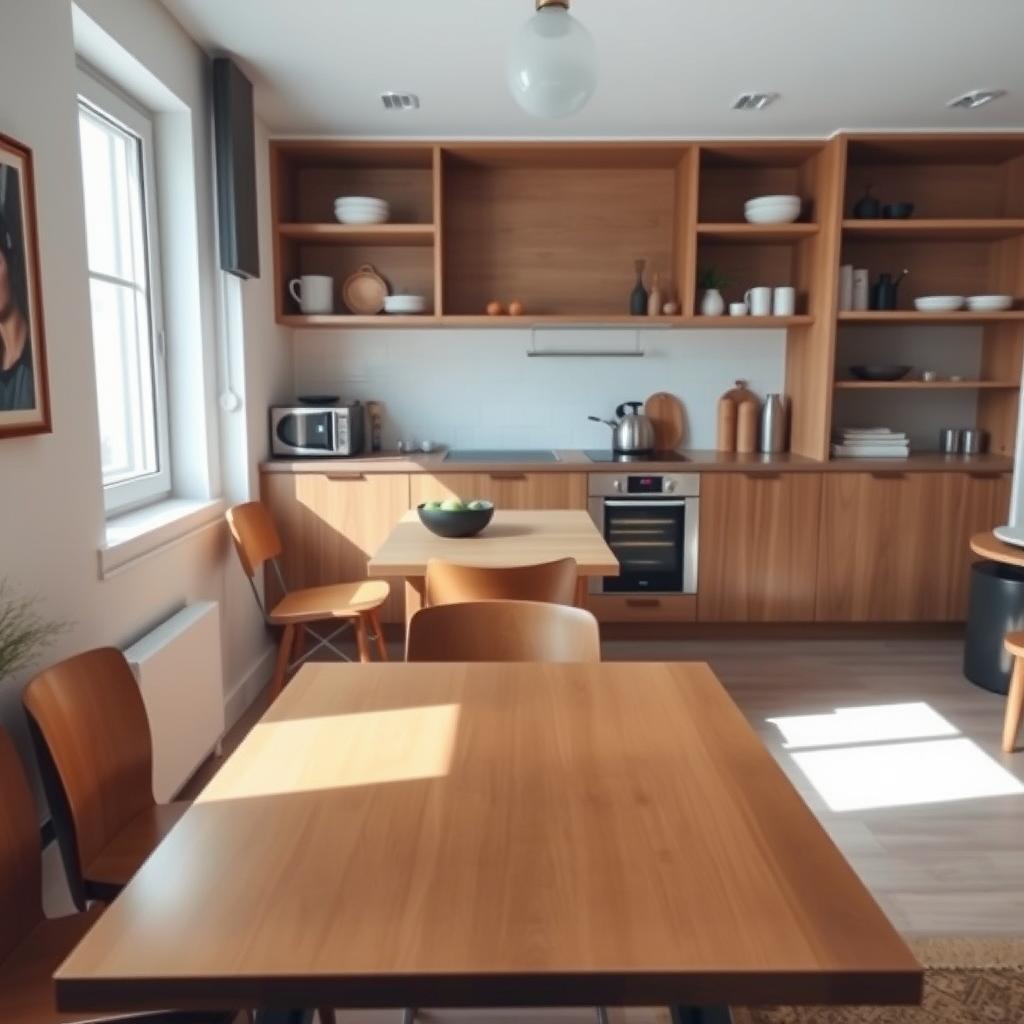 A cozy small kitchen featuring innovative nesting furniture designs. In the foreground, a sleek, modern table expands outward, revealing neatly tucked-in chairs, all crafted from warm wood. The middle ground showcases a compact, multipurpose kitchen island combining cooking space and storage, complete with hidden compartments. The background includes minimalistic shelves neatly filled with organized kitchenware, creating a clutter-free atmosphere. Soft, natural lighting filters in through a window, casting gentle shadows, while a wide-angle perspective emphasizes the functionality of the space. The mood is inviting and efficient, blending elegance with practicality, perfect for small urban living. A cozy small kitchen featuring innovative nesting furniture designs. In the foreground, a sleek, modern table expands outward, revealing neatly tucked-in chairs, all crafted from warm wood. The middle ground showcases a compact, multipurpose kitchen island combining cooking space and storage, complete with hidden compartments. The background includes minimalistic shelves neatly filled with organized kitchenware, creating a clutter-free atmosphere. Soft, natural lighting filters in through a window, casting gentle shadows, while a wide-angle perspective emphasizes the functionality of the space. The mood is inviting and efficient, blending elegance with practicality, perfect for small urban living.