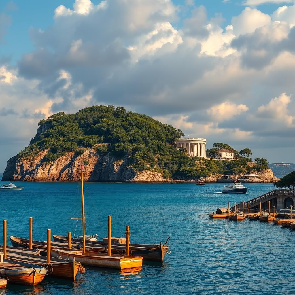 A majestic navy island rises from a shimmering azure sea, its rugged cliffs and lush foliage bathed in warm, golden sunlight. In the foreground, weathered docks and fishing boats dot the shoreline, conveying a sense of coastal charm. The middle ground features a magnificent manor house, its stately columns and intricate architectural details commanding attention. In the distance, a dramatic cloud-filled sky adds depth and drama to the scene. The overall mood is one of serene, timeless beauty, perfectly suited to serve as a bold, statement-making centerpiece for a sophisticated two-tone kitchen design. A majestic navy island rises from a shimmering azure sea, its rugged cliffs and lush foliage bathed in warm, golden sunlight. In the foreground, weathered docks and fishing boats dot the shoreline, conveying a sense of coastal charm. The middle ground features a magnificent manor house, its stately columns and intricate architectural details commanding attention. In the distance, a dramatic cloud-filled sky adds depth and drama to the scene. The overall mood is one of serene, timeless beauty, perfectly suited to serve as a bold, statement-making centerpiece for a sophisticated two-tone kitchen design.