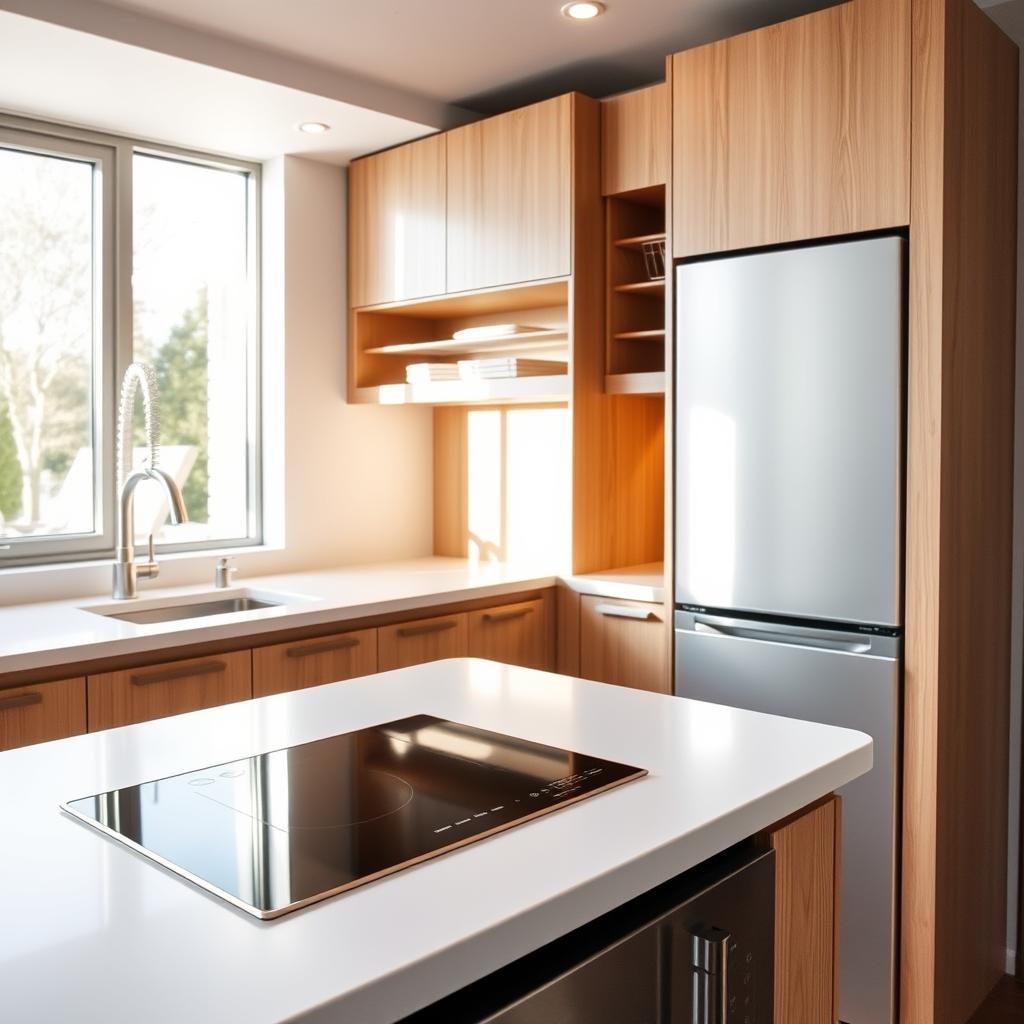 A modern compact built-in kitchen featuring sleek, space-saving appliances. In the foreground, a streamlined countertop with a hidden induction cooktop and a stylish under-counter refrigerator. The middle ground showcases minimalist cabinets with integrated storage solutions, including pull-out racks and a small built-in dishwasher, all in a warm wood finish. In the background, a window allows natural light to flood the space, accentuating the light-colored walls and bright, airy atmosphere. The scene is well-lit with soft, ambient lighting that highlights the functionality and elegance of the kitchen design. Shot from a slightly elevated angle to provide a clear view of the organized layout and efficient use of space, creating a mood that is both inviting and functional. A modern compact built-in kitchen featuring sleek, space-saving appliances. In the foreground, a streamlined countertop with a hidden induction cooktop and a stylish under-counter refrigerator. The middle ground showcases minimalist cabinets with integrated storage solutions, including pull-out racks and a small built-in dishwasher, all in a warm wood finish. In the background, a window allows natural light to flood the space, accentuating the light-colored walls and bright, airy atmosphere. The scene is well-lit with soft, ambient lighting that highlights the functionality and elegance of the kitchen design. Shot from a slightly elevated angle to provide a clear view of the organized layout and efficient use of space, creating a mood that is both inviting and functional.