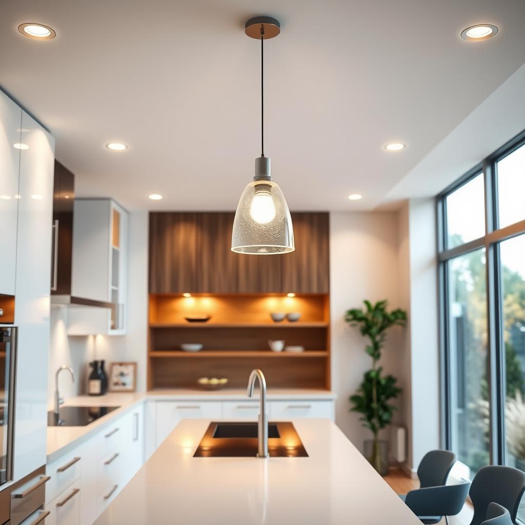 A modern, energy-efficient kitchen with recessed LED lighting illuminating the clean, minimalist countertops and cabinets. The light fixtures are sleek and discreet, casting a warm, even glow throughout the space. In the middle ground, a pendant light with a diffused glass shade hangs above a kitchen island, providing task lighting for meal preparation. The background features large windows letting in abundant natural light, complementing the artificial lighting. An overall sense of brightness, efficiency, and environmental sustainability permeates the scene. A modern, energy-efficient kitchen with recessed LED lighting illuminating the clean, minimalist countertops and cabinets. The light fixtures are sleek and discreet, casting a warm, even glow throughout the space. In the middle ground, a pendant light with a diffused glass shade hangs above a kitchen island, providing task lighting for meal preparation. The background features large windows letting in abundant natural light, complementing the artificial lighting. An overall sense of brightness, efficiency, and environmental sustainability permeates the scene.