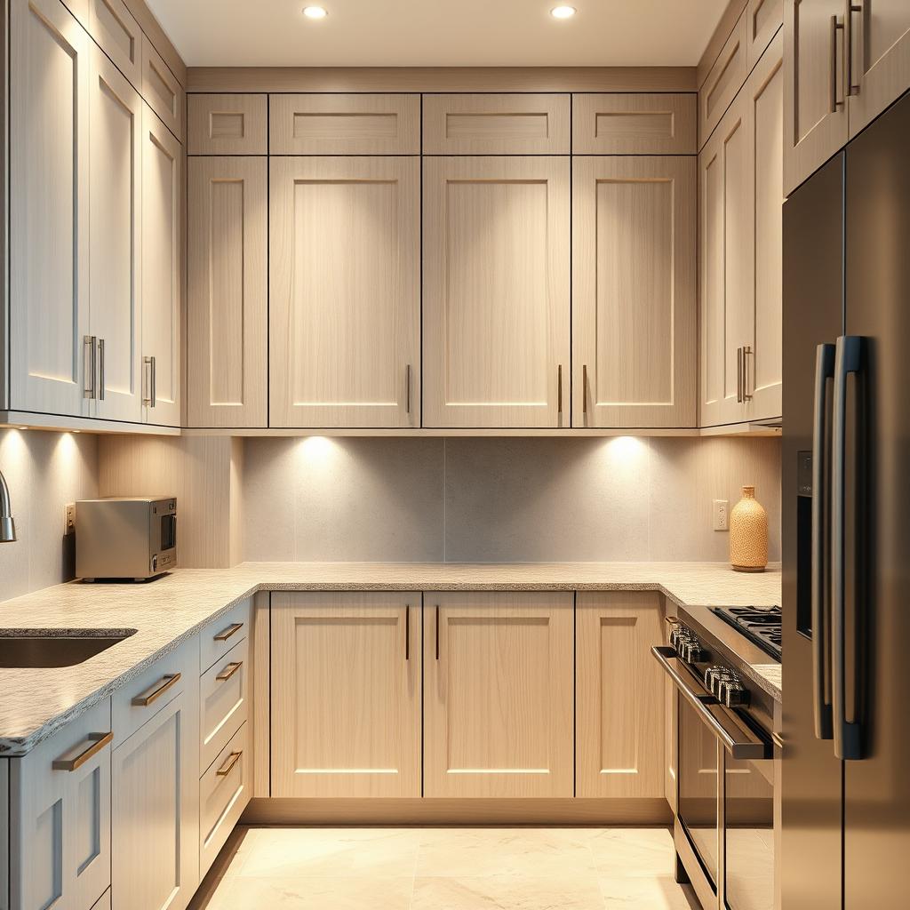 A modern, high-end kitchen with custom, panel-ready cabinetry. Sleek, matte-finished doors in a light, neutral tone with clean lines and minimal hardware. Flush-mounted cabinets create a seamless, integrated look. Soft task lighting illuminates the meticulously crafted joinery and robust, engineered wood panels. A mix of open and closed storage, with recessed toe-kicks, offers both display and concealment. The overall aesthetic is understated elegance, complementing the matte stainless steel appliances and natural stone countertops. The scene is shot at a slight angle, capturing the depth and texture of the cabinetry against a softly blurred background, emphasizing the craftsmanship and thoughtful design. A modern, high-end kitchen with custom, panel-ready cabinetry. Sleek, matte-finished doors in a light, neutral tone with clean lines and minimal hardware. Flush-mounted cabinets create a seamless, integrated look. Soft task lighting illuminates the meticulously crafted joinery and robust, engineered wood panels. A mix of open and closed storage, with recessed toe-kicks, offers both display and concealment. The overall aesthetic is understated elegance, complementing the matte stainless steel appliances and natural stone countertops. The scene is shot at a slight angle, capturing the depth and texture of the cabinetry against a softly blurred background, emphasizing the craftsmanship and thoughtful design.