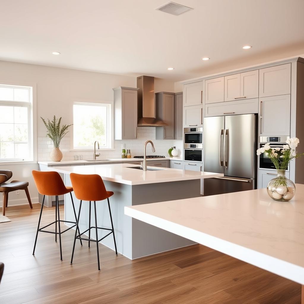 A modern kitchen featuring a peninsula seating design, showcasing a sleek, contemporary aesthetic. In the foreground, a spacious kitchen peninsula with four stylish, bar-height stools, adorned in warm earth tones. The countertop is made of polished white quartz, reflecting subtle light. The middle ground includes stainless steel appliances and minimalist cabinetry, all in a soft gray hue, blending seamlessly with the decor. The background reveals a window with natural light pouring in, enhancing the inviting ambiance. The atmosphere feels cozy yet sophisticated, ideal for gatherings. Use soft, diffused lighting to create a warm glow, with a slightly elevated angle to capture the entire kitchen space effectively. Ensure the scene remains clean and uncluttered, exuding elegance without distractions. A modern kitchen featuring a peninsula seating design, showcasing a sleek, contemporary aesthetic. In the foreground, a spacious kitchen peninsula with four stylish, bar-height stools, adorned in warm earth tones. The countertop is made of polished white quartz, reflecting subtle light. The middle ground includes stainless steel appliances and minimalist cabinetry, all in a soft gray hue, blending seamlessly with the decor. The background reveals a window with natural light pouring in, enhancing the inviting ambiance. The atmosphere feels cozy yet sophisticated, ideal for gatherings. Use soft, diffused lighting to create a warm glow, with a slightly elevated angle to capture the entire kitchen space effectively. Ensure the scene remains clean and uncluttered, exuding elegance without distractions.