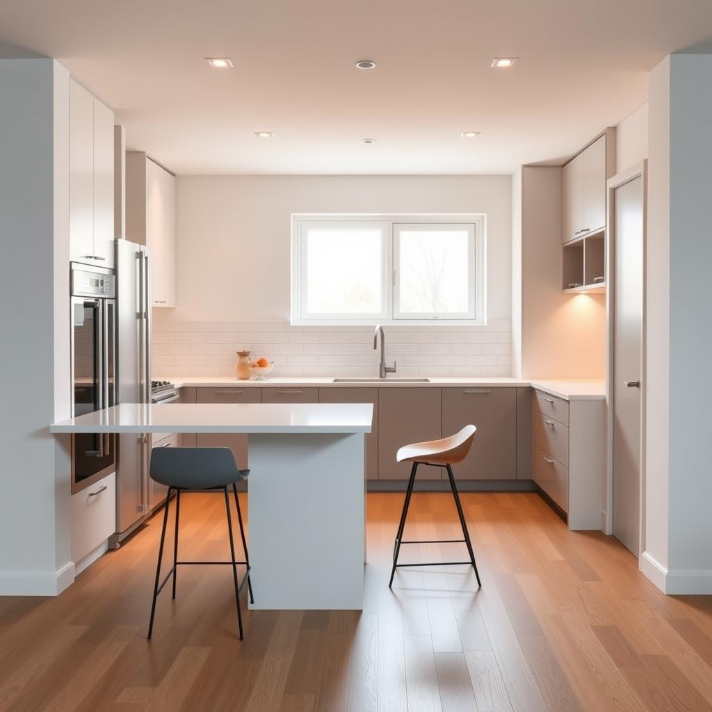 A modern kitchen layout focusing on the work triangle concept, featuring a seamless flow between the stove, refrigerator, and sink. In the foreground, a sleek kitchen island doubles as a dining area, adorned with minimalist bar stools. The middle ground showcases the work triangle, highlighting ergonomic placement and accessibility, with elegant cabinetry and organized counter space. In the background, soft natural lighting filters through a window, illuminating the space and enhancing the warm, inviting atmosphere. The overall color palette is a combination of soft whites, light woods, and subtle earthy tones. The scene is devoid of human presence, emphasizing the functionality and design of the kitchen for optimal daily use in a small space. A modern kitchen layout focusing on the work triangle concept, featuring a seamless flow between the stove, refrigerator, and sink. In the foreground, a sleek kitchen island doubles as a dining area, adorned with minimalist bar stools. The middle ground showcases the work triangle, highlighting ergonomic placement and accessibility, with elegant cabinetry and organized counter space. In the background, soft natural lighting filters through a window, illuminating the space and enhancing the warm, inviting atmosphere. The overall color palette is a combination of soft whites, light woods, and subtle earthy tones. The scene is devoid of human presence, emphasizing the functionality and design of the kitchen for optimal daily use in a small space.