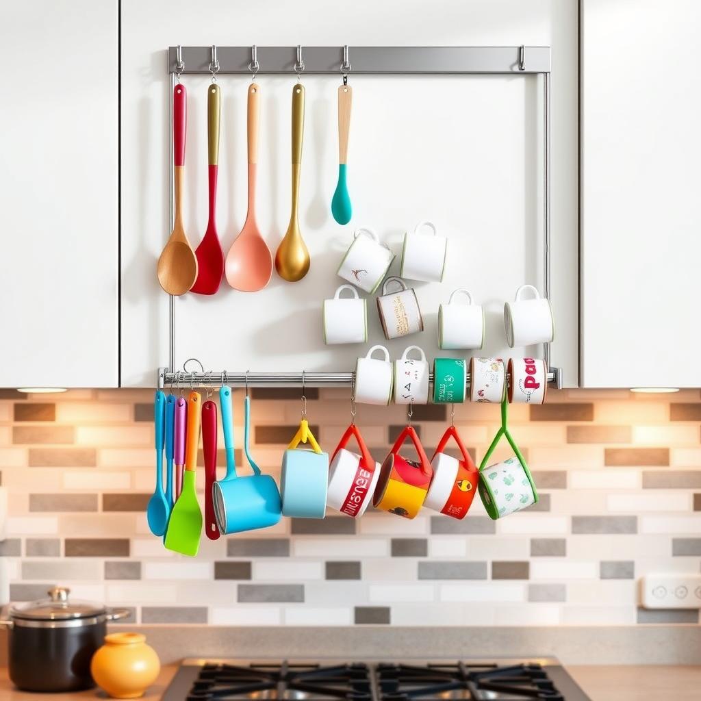 A modern kitchen scene featuring a stylish wall-mounted hooks utensils hanging rack. In the foreground, the rack displays an array of colorful kitchen tools: spatulas, wooden spoons, and measuring cups, each elegantly arranged. The middle layer reveals a set of mugs hanging from additional hooks, showcasing a variety of designs and colors, adding a vibrant contrast to the stainless steel finish of the rack. A beautifully tiled backsplash enhances the setting, while soft, warm lighting creates a cozy atmosphere, allowing shadows to play gently across the surfaces. The angle is slightly angled from below, emphasizing the height of the hanging rack and its vertical storage solution, making it an inviting focal point in the kitchen. A modern kitchen scene featuring a stylish wall-mounted hooks utensils hanging rack. In the foreground, the rack displays an array of colorful kitchen tools: spatulas, wooden spoons, and measuring cups, each elegantly arranged. The middle layer reveals a set of mugs hanging from additional hooks, showcasing a variety of designs and colors, adding a vibrant contrast to the stainless steel finish of the rack. A beautifully tiled backsplash enhances the setting, while soft, warm lighting creates a cozy atmosphere, allowing shadows to play gently across the surfaces. The angle is slightly angled from below, emphasizing the height of the hanging rack and its vertical storage solution, making it an inviting focal point in the kitchen.