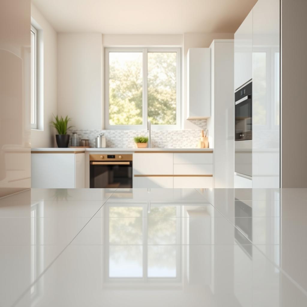 A modern small kitchen scene showcasing light reflective surfaces. In the foreground, glossy ceramic tiles in soft pastel colors reflect natural light, enhancing the sense of space. The middle ground features a sleek, light-colored kitchen countertop with subtle reflections and a stylish backsplash with iridescent tiles that catch light at different angles. In the background, minimalist cabinets with a high-gloss finish complete the design, while a large window lets in warm, diffused sunlight, creating a bright and inviting atmosphere. The overall mood is fresh and contemporary, emphasizing the importance of light and surface choices in small kitchens. The image should be shot from a slight angle to reveal the depth and relationships between surfaces, highlighting their reflective qualities. A modern small kitchen scene showcasing light reflective surfaces. In the foreground, glossy ceramic tiles in soft pastel colors reflect natural light, enhancing the sense of space. The middle ground features a sleek, light-colored kitchen countertop with subtle reflections and a stylish backsplash with iridescent tiles that catch light at different angles. In the background, minimalist cabinets with a high-gloss finish complete the design, while a large window lets in warm, diffused sunlight, creating a bright and inviting atmosphere. The overall mood is fresh and contemporary, emphasizing the importance of light and surface choices in small kitchens. The image should be shot from a slight angle to reveal the depth and relationships between surfaces, highlighting their reflective qualities.