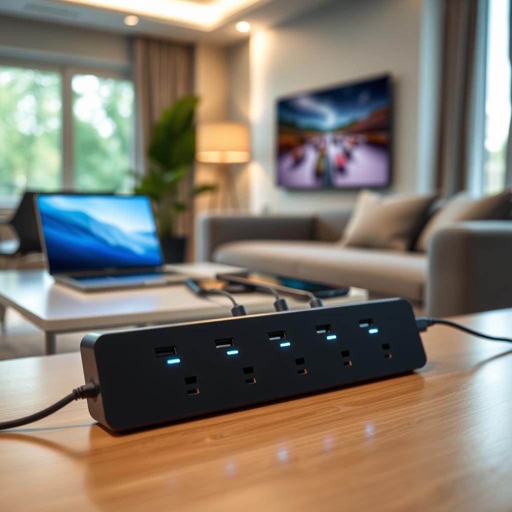 A modern smart power strip positioned prominently in the foregroundshowcasing multiple recessed USB and AC outlets designed for convenience. The strip features a sleekminimalist design with LED indicator lights illuminating a soft blue glowemphasizing its advanced technology. In the middle grounda contemporary workspace with various electronic devices plugged into the power stripincluding a laptopsmartphoneand tablethighlighting its multitasking capabilities. The background features a stylish living room setting with ambient natural light streaming in through large windowscreating a warm and inviting atmosphere. Use a shallow depth of field to keep the focus on the smart power strip while slightly blurring the background elementsenhancing the sense of modernity and functionality of the device. A modern smart power strip positioned prominently in the foregroundshowcasing multiple recessed USB and AC outlets designed for convenience. The strip features a sleekminimalist design with LED indicator lights illuminating a soft blue glowemphasizing its advanced technology. In the middle grounda contemporary workspace with various electronic devices plugged into the power stripincluding a laptopsmartphoneand tablethighlighting its multitasking capabilities. The background features a stylish living room setting with ambient natural light streaming in through large windowscreating a warm and inviting atmosphere. Use a shallow depth of field to keep the focus on the smart power strip while slightly blurring the background elementsenhancing the sense of modernity and functionality of the device.