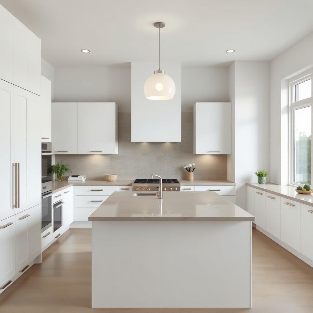 A modern, tranquil kitchen with a neutral color palette. In the foreground, pristine white cabinets with sleek, handle-less fronts. In the middle ground, a large quartz island in a warm greige hue, complemented by brushed stainless steel appliances. The backsplash features understated, rectangular tiles in a soft gray tone. Overhead, a minimalist pendant light casts a gentle glow, creating depth and atmosphere. Large windows allow natural light to flood the space, accentuating the serene, sophisticated ambiance. The overall impression is one of understated elegance and timeless style. A modern, tranquil kitchen with a neutral color palette. In the foreground, pristine white cabinets with sleek, handle-less fronts. In the middle ground, a large quartz island in a warm greige hue, complemented by brushed stainless steel appliances. The backsplash features understated, rectangular tiles in a soft gray tone. Overhead, a minimalist pendant light casts a gentle glow, creating depth and atmosphere. Large windows allow natural light to flood the space, accentuating the serene, sophisticated ambiance. The overall impression is one of understated elegance and timeless style.