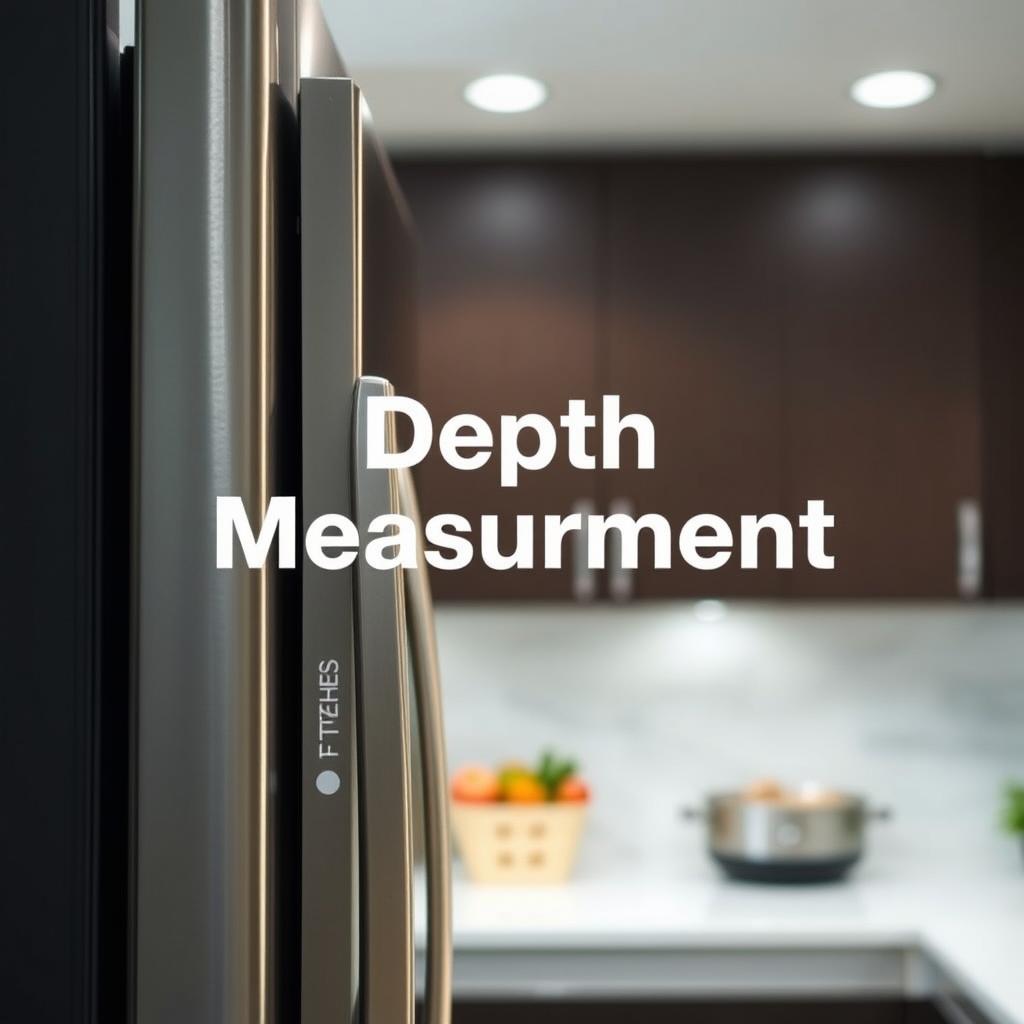 A modern, well-lit kitchen interior with a refrigerator in the foreground. The refrigerator is partially visible, with a focus on the depth measurement markings on the side panel. The markings are clearly visible, showcasing the depth and fit measurements in a clean, technical style. The background is slightly blurred, emphasizing the depth information in the center of the frame. The lighting is bright and evenly distributed, creating a professional, instructional atmosphere. The camera angle is slightly elevated, providing a clear view of the depth measurements from a practical, user-oriented perspective. A modern, well-lit kitchen interior with a refrigerator in the foreground. The refrigerator is partially visible, with a focus on the depth measurement markings on the side panel. The markings are clearly visible, showcasing the depth and fit measurements in a clean, technical style. The background is slightly blurred, emphasizing the depth information in the center of the frame. The lighting is bright and evenly distributed, creating a professional, instructional atmosphere. The camera angle is slightly elevated, providing a clear view of the depth measurements from a practical, user-oriented perspective.