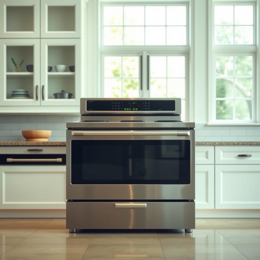 A modern, well-lit kitchen interior with a stainless steel range as the focal point. The range stands prominently in the foreground, its sleek design and gleaming finish capturing the attention. In the middle ground, a granite or quartz countertop extends, providing a practical workspace. The background features white cabinetry and a tiled backsplash, creating a clean, minimalist aesthetic. Soft, natural lighting from large windows bathes the scene, highlighting the range's features and the overall kitchen's elegance. The mood is one of functionality and sophistication, inviting the viewer to imagine the culinary possibilities within this well-appointed cooking space. A modern, well-lit kitchen interior with a stainless steel range as the focal point. The range stands prominently in the foreground, its sleek design and gleaming finish capturing the attention. In the middle ground, a granite or quartz countertop extends, providing a practical workspace. The background features white cabinetry and a tiled backsplash, creating a clean, minimalist aesthetic. Soft, natural lighting from large windows bathes the scene, highlighting the range's features and the overall kitchen's elegance. The mood is one of functionality and sophistication, inviting the viewer to imagine the culinary possibilities within this well-appointed cooking space.