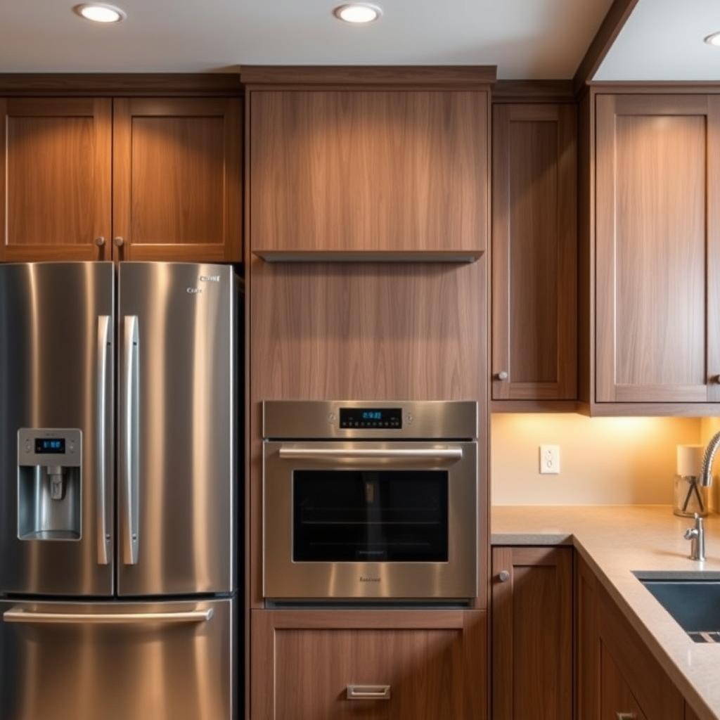 A modern, well-lit kitchen showcasing a variety of panel-ready appliances seamlessly integrated into the cabinetry. In the foreground, a sleek, stainless steel refrigerator with a fully customizable panel blends effortlessly into the surrounding cabinets. In the middle ground, a built-in oven with a flush-mounted design offers a clean, streamlined appearance. Overhead, a range hood with a discreet, integrated control panel provides both functionality and aesthetic appeal. The scene is bathed in warm, indirect lighting, highlighting the high-quality finishes and attention to detail in the appliance and cabinet integration. The overall atmosphere conveys a sense of sophistication, efficiency, and a harmonious balance between form and function. A modern, well-lit kitchen showcasing a variety of panel-ready appliances seamlessly integrated into the cabinetry. In the foreground, a sleek, stainless steel refrigerator with a fully customizable panel blends effortlessly into the surrounding cabinets. In the middle ground, a built-in oven with a flush-mounted design offers a clean, streamlined appearance. Overhead, a range hood with a discreet, integrated control panel provides both functionality and aesthetic appeal. The scene is bathed in warm, indirect lighting, highlighting the high-quality finishes and attention to detail in the appliance and cabinet integration. The overall atmosphere conveys a sense of sophistication, efficiency, and a harmonious balance between form and function.
