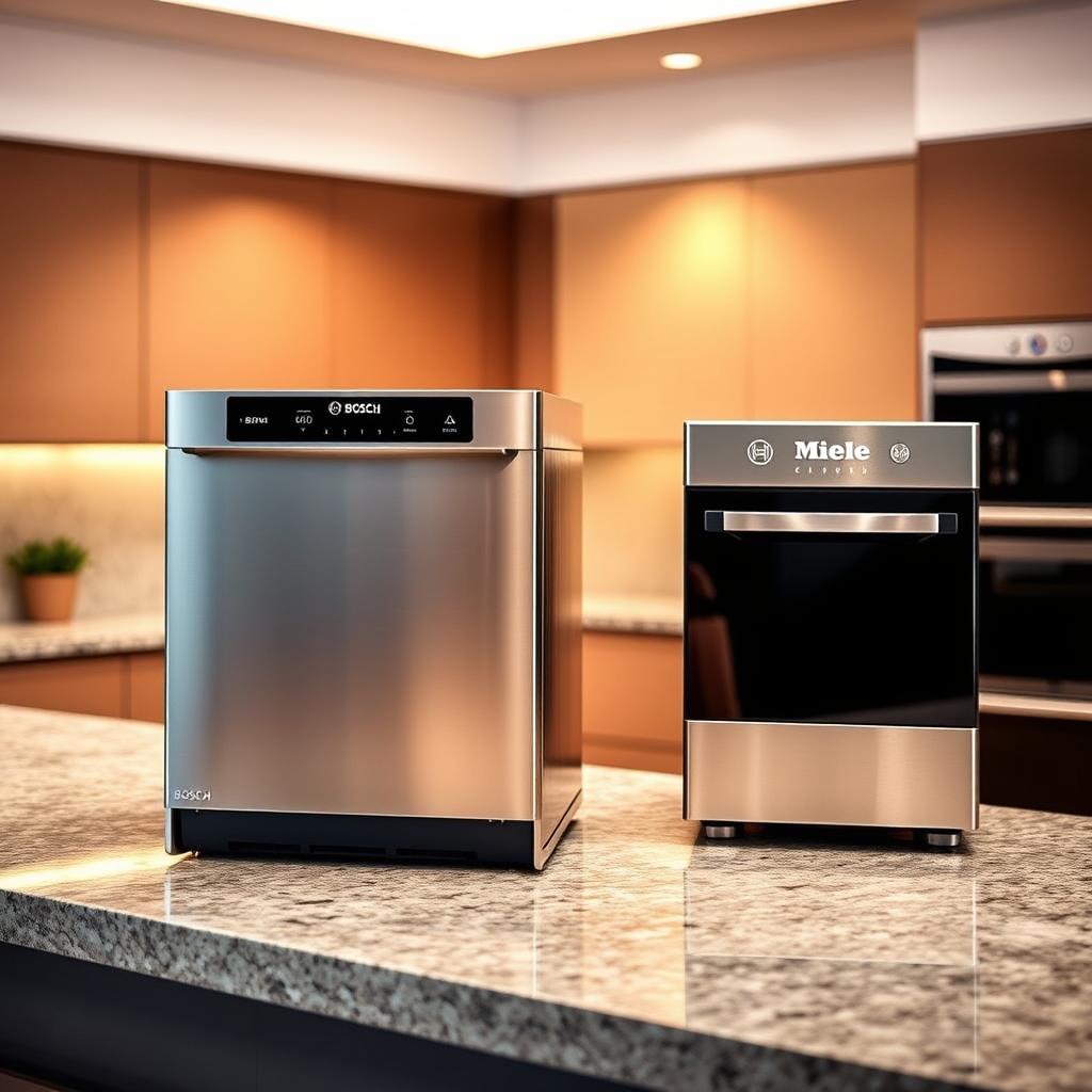 A modern, well-lit kitchen showcasing two premium dishwasher models, the Bosch 800 Series SHX78CM5N and the Miele G7186 SCVi SF, placed side-by-side on a sleek granite countertop. The Bosch features a stainless steel exterior with clean lines, while the Miele boasts a glossy black finish. Both appliances are displayed at an angle, their controls and features clearly visible, conveying a sense of high-end functionality and design. The kitchen background is softly blurred, creating a focal point on the dishwashers. Warm, natural lighting from overhead casts a subtle glow, highlighting the machines' premium qualities. The overall scene exudes a sense of modern, sophisticated style befitting the most popular premium value dishwashers for today's kitchens. A modern, well-lit kitchen showcasing two premium dishwasher models, the Bosch 800 Series SHX78CM5N and the Miele G7186 SCVi SF, placed side-by-side on a sleek granite countertop. The Bosch features a stainless steel exterior with clean lines, while the Miele boasts a glossy black finish. Both appliances are displayed at an angle, their controls and features clearly visible, conveying a sense of high-end functionality and design. The kitchen background is softly blurred, creating a focal point on the dishwashers. Warm, natural lighting from overhead casts a subtle glow, highlighting the machines' premium qualities. The overall scene exudes a sense of modern, sophisticated style befitting the most popular premium value dishwashers for today's kitchens.