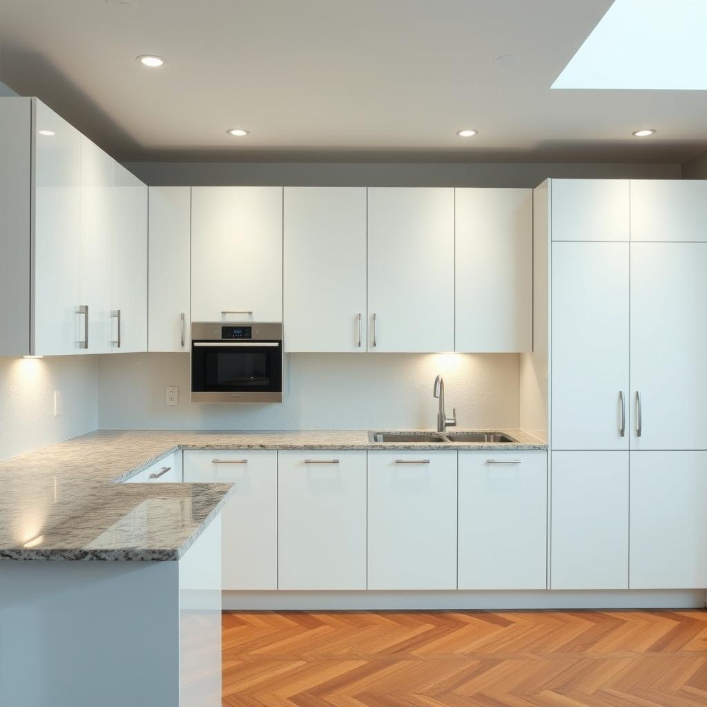 A modern, well-lit kitchen with sleek, minimalist white cabinets, a granite countertop, and a combination of warm hardwood flooring and recessed lighting. The flooring has a subtle herringbone pattern that complements the clean lines of the cabinetry. The lighting fixtures cast a soft, ambient glow, highlighting the interplay of textures and materials. The overall aesthetic is one of understated elegance, with the smart combination of finishes creating a harmonious and visually appealing space. A modern, well-lit kitchen with sleek, minimalist white cabinets, a granite countertop, and a combination of warm hardwood flooring and recessed lighting. The flooring has a subtle herringbone pattern that complements the clean lines of the cabinetry. The lighting fixtures cast a soft, ambient glow, highlighting the interplay of textures and materials. The overall aesthetic is one of understated elegance, with the smart combination of finishes creating a harmonious and visually appealing space.