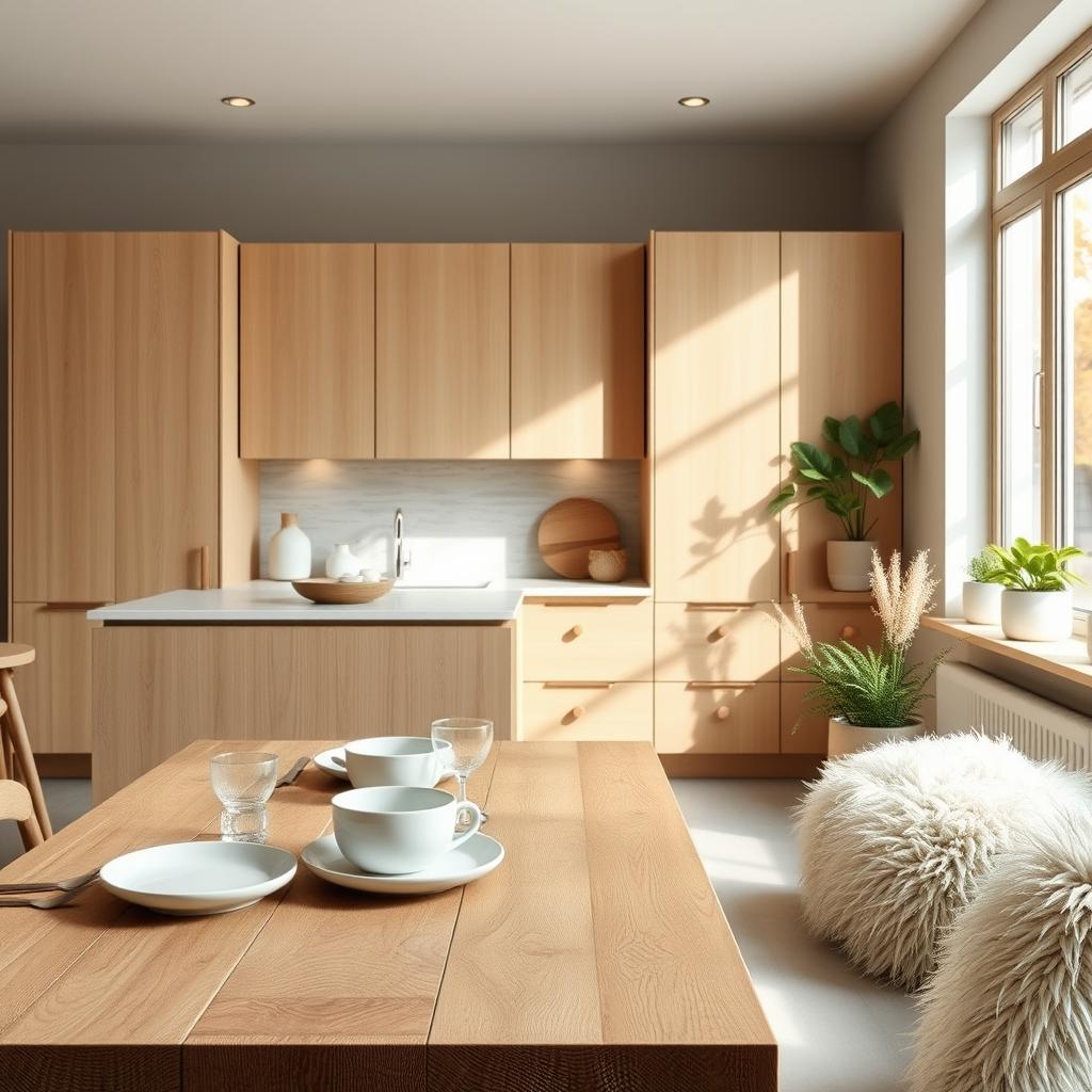 A serene Scandinavian kitchen interior, featuring a harmonious blend of beige and wood tones. In the foreground, a rustic wooden dining table topped with soft-muted tableware. The middle ground showcases sleek cabinetry with a warm beige finish, complemented by natural wood accents. Large windows in the background bathe the space in soft, diffused daylight, highlighting the textures of the wood grain and the gentle sheen of the neutral surfaces. Soft, fluffy textiles add a cozy touch, while potted greenery introduces a subtle pop of natural color. The overall atmosphere is calm and inviting, evoking a sense of warmth and tranquility, perfect for a stylish, modern kitchen. A serene Scandinavian kitchen interior, featuring a harmonious blend of beige and wood tones. In the foreground, a rustic wooden dining table topped with soft-muted tableware. The middle ground showcases sleek cabinetry with a warm beige finish, complemented by natural wood accents. Large windows in the background bathe the space in soft, diffused daylight, highlighting the textures of the wood grain and the gentle sheen of the neutral surfaces. Soft, fluffy textiles add a cozy touch, while potted greenery introduces a subtle pop of natural color. The overall atmosphere is calm and inviting, evoking a sense of warmth and tranquility, perfect for a stylish, modern kitchen.