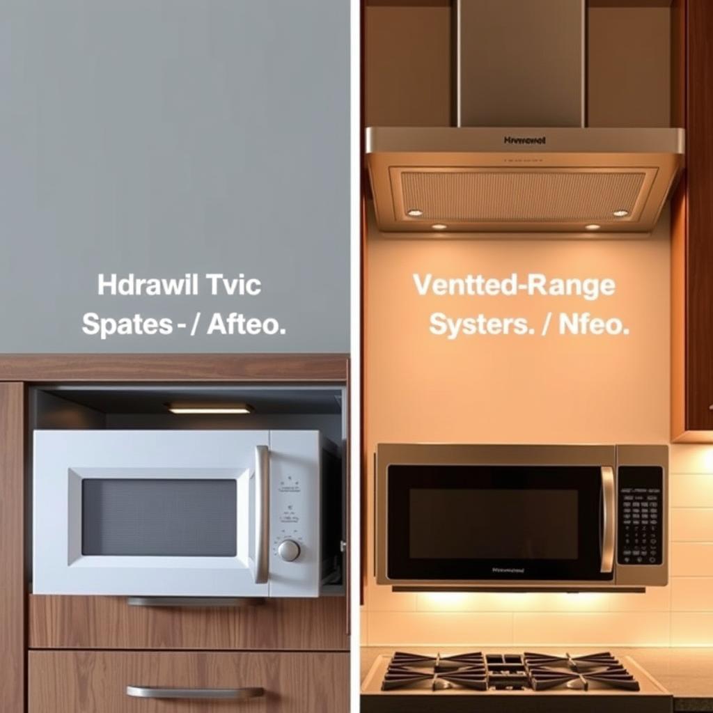 A side-by-side comparison of a modern microwave drawer and an over-the-range microwave. The drawer unit is featured in the foreground, sleekly integrated into a kitchen cabinet. The over-the-range model is positioned above, showcasing its ventilation capabilities. Both are illuminated by warm, natural lighting, highlighting their distinct designs and functionalities. The image emphasizes the spatial considerations, ventilation systems, cooking performance, and safety aspects of these two microwave options, inviting the viewer to visually assess the key differences between these two popular kitchen appliances. A side-by-side comparison of a modern microwave drawer and an over-the-range microwave. The drawer unit is featured in the foreground, sleekly integrated into a kitchen cabinet. The over-the-range model is positioned above, showcasing its ventilation capabilities. Both are illuminated by warm, natural lighting, highlighting their distinct designs and functionalities. The image emphasizes the spatial considerations, ventilation systems, cooking performance, and safety aspects of these two microwave options, inviting the viewer to visually assess the key differences between these two popular kitchen appliances.
