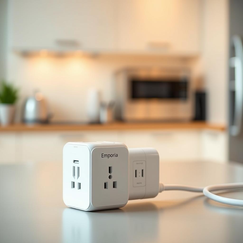 A sleek Emporia 15A Wi-Fi smart plug prominently displayed in the foregroundshowcasing its minimalist design with a glossy white finish and subtle brand logo. The smart plug is plugged into a modern power strip with visible energy-monitoring indicators. In the middle groundsoft ambient lighting creates a warm atmosphereenhancing the plug's contours. The background features a softly blurred kitchen settingwith appliances in gentle focussuggesting functionality and everyday use. The image is captured from a slightly elevated angleemphasizing the smart plug's practicality and ease of integration in home environments. The overall mood is moderntech-savvyand inviting. A sleek Emporia 15A Wi-Fi smart plug prominently displayed in the foregroundshowcasing its minimalist design with a glossy white finish and subtle brand logo. The smart plug is plugged into a modern power strip with visible energy-monitoring indicators. In the middle groundsoft ambient lighting creates a warm atmosphereenhancing the plug's contours. The background features a softly blurred kitchen settingwith appliances in gentle focussuggesting functionality and everyday use. The image is captured from a slightly elevated angleemphasizing the smart plug's practicality and ease of integration in home environments. The overall mood is moderntech-savvyand inviting.