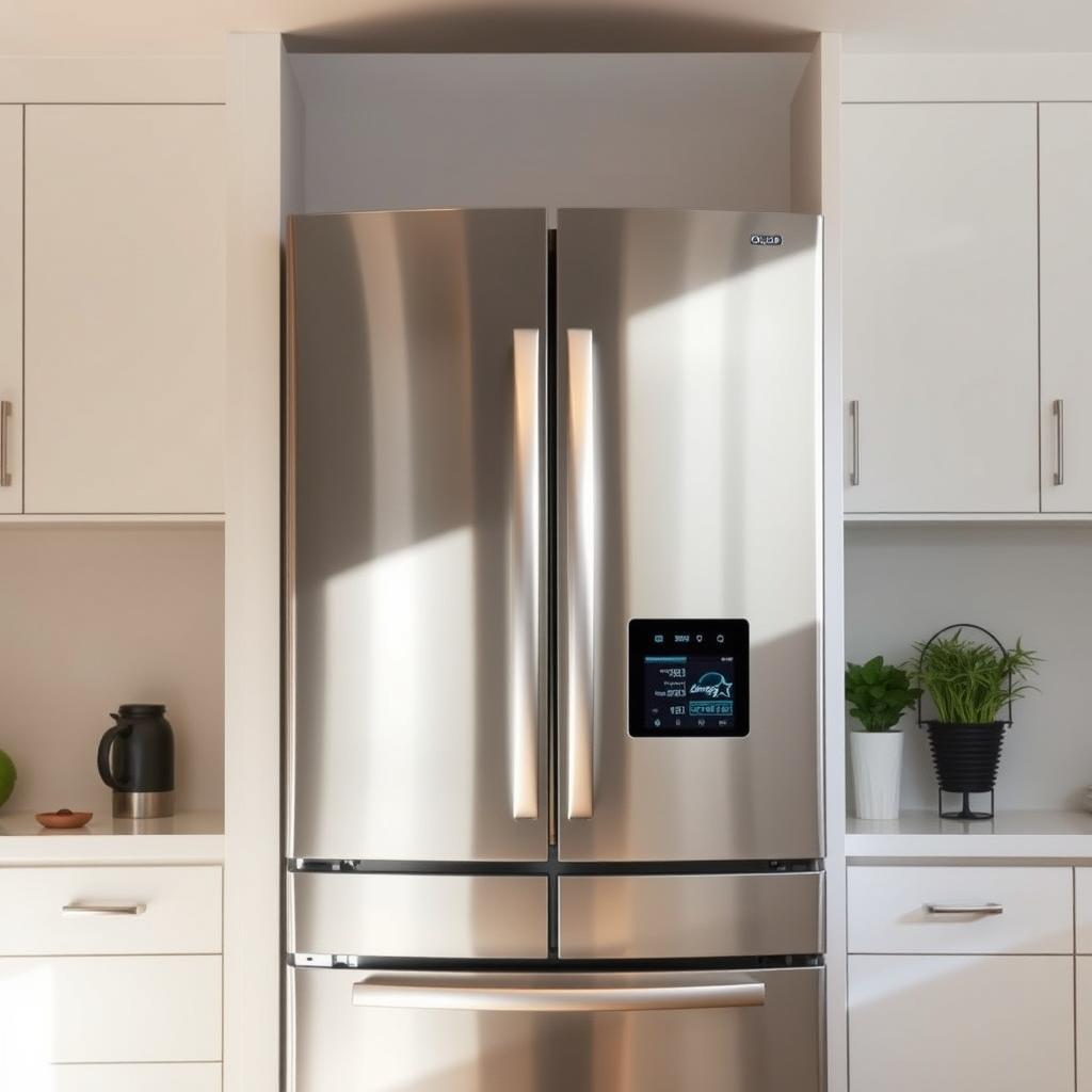 A sleek, energy-efficient refrigerator in a modern kitchen setting. The refrigerator is centered in the frame, with clean lines and a gleaming stainless steel finish that reflects the warm, soft lighting from overhead. The kitchen has a minimalist design, with white cabinets and countertops that create a bright, airy atmosphere. The refrigerator's digital display and controls are clearly visible, showcasing its advanced features and energy-saving capabilities. The scene conveys a sense of efficiency, functionality, and style, perfectly suited to illustrate the section on "Energy Star kitchen appliances: how to choose the right models for performance and savings". A sleek, energy-efficient refrigerator in a modern kitchen setting. The refrigerator is centered in the frame, with clean lines and a gleaming stainless steel finish that reflects the warm, soft lighting from overhead. The kitchen has a minimalist design, with white cabinets and countertops that create a bright, airy atmosphere. The refrigerator's digital display and controls are clearly visible, showcasing its advanced features and energy-saving capabilities. The scene conveys a sense of efficiency, functionality, and style, perfectly suited to illustrate the section on "Energy Star kitchen appliances: how to choose the right models for performance and savings".