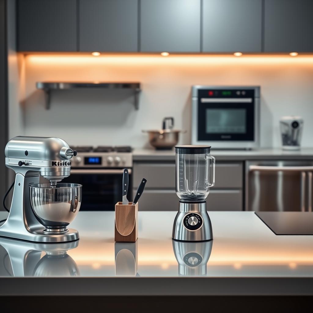 A sleek, modern kitchen counter with an array of high-quality appliances neatly arranged. In the foreground, a stainless steel mixer, a precision knife block, and a state-of-the-art blender, all gleaming under soft, even lighting. In the middle ground, a touchscreen oven, a convection stovetop, and a high-tech dishwasher, reflecting the countertop's glossy surface. In the background, a minimalist backsplash and a glimpse of a spacious kitchen layout, conveying a sense of efficiency and practicality. The scene exudes a mood of culinary professionalism, highlighting the essential features that make a kitchen both functional and a pleasure to work in. A sleek, modern kitchen counter with an array of high-quality appliances neatly arranged. In the foreground, a stainless steel mixer, a precision knife block, and a state-of-the-art blender, all gleaming under soft, even lighting. In the middle ground, a touchscreen oven, a convection stovetop, and a high-tech dishwasher, reflecting the countertop's glossy surface. In the background, a minimalist backsplash and a glimpse of a spacious kitchen layout, conveying a sense of efficiency and practicality. The scene exudes a mood of culinary professionalism, highlighting the essential features that make a kitchen both functional and a pleasure to work in.