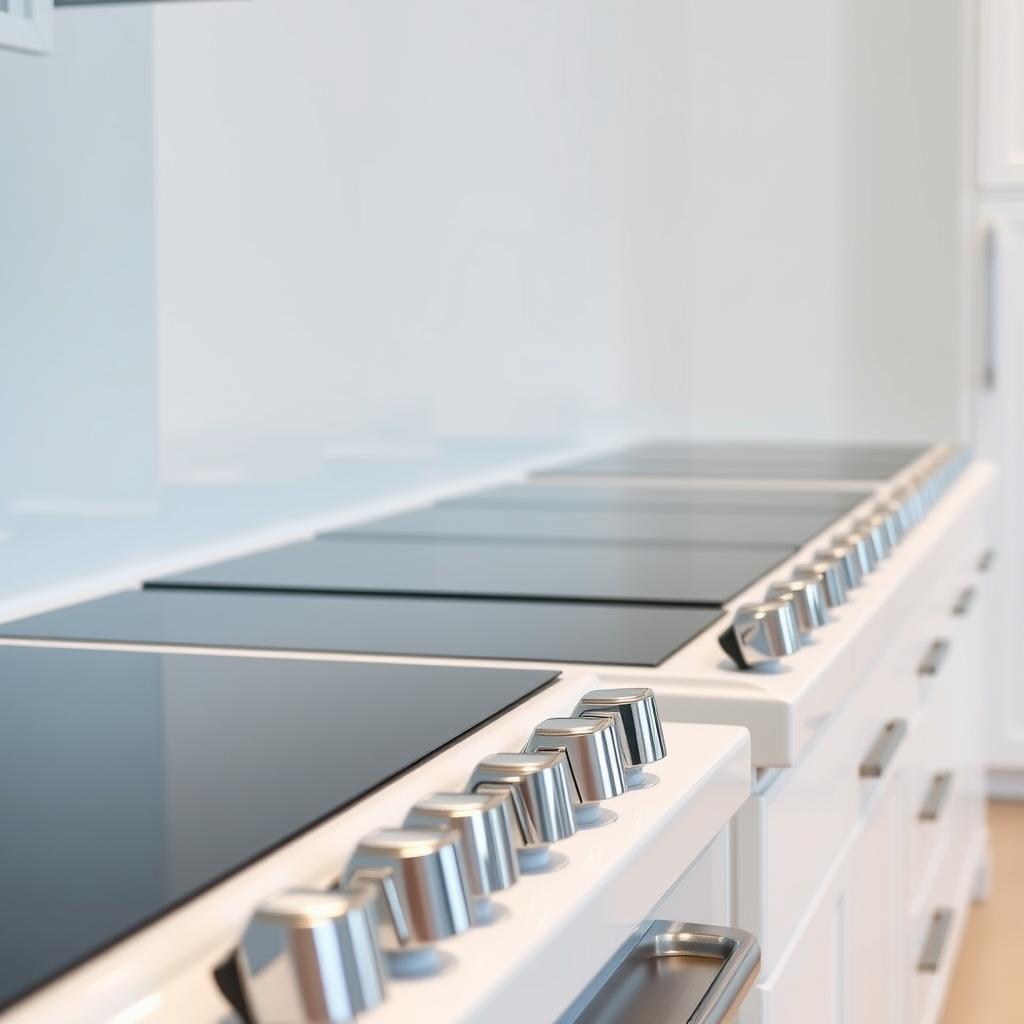 A sleek, modern kitchen showcases a row of elegant electric stoves, their smooth glass-ceramic cooktops reflecting the soft, even lighting. The stoves are positioned against a backdrop of minimalist white cabinets, creating a clean, sophisticated ambiance. The fronts of the stoves feature simple, intuitive controls, hinting at the ease of use and precise temperature regulation. In the foreground, the stoves' streamlined designs and chrome accents convey a sense of efficiency and timeless style, perfectly suited for the "Electric cooktops: smooth, affordable, and simple" section of the article. A sleek, modern kitchen showcases a row of elegant electric stoves, their smooth glass-ceramic cooktops reflecting the soft, even lighting. The stoves are positioned against a backdrop of minimalist white cabinets, creating a clean, sophisticated ambiance. The fronts of the stoves feature simple, intuitive controls, hinting at the ease of use and precise temperature regulation. In the foreground, the stoves' streamlined designs and chrome accents convey a sense of efficiency and timeless style, perfectly suited for the "Electric cooktops: smooth, affordable, and simple" section of the article.