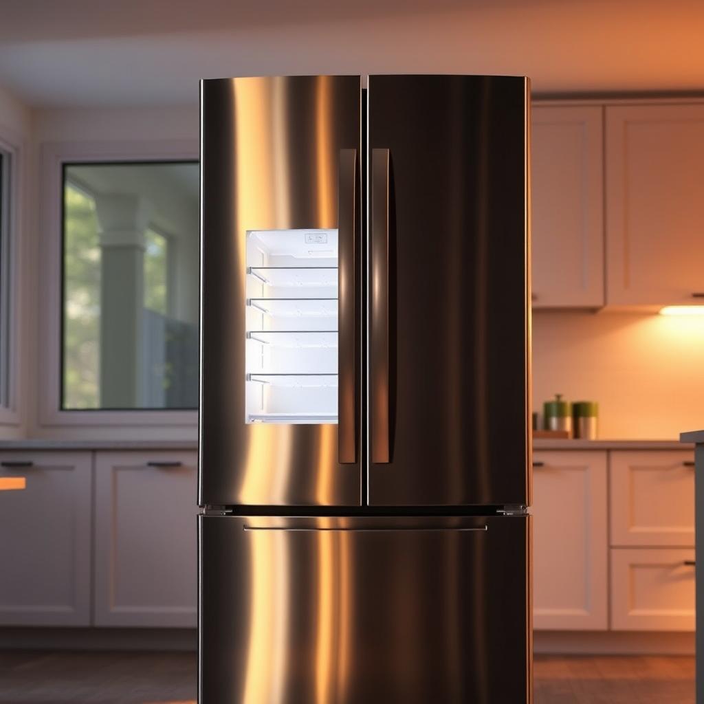 A sleek, modern refrigerator stands prominently in the foreground, its stainless steel exterior gleaming under soft, warm lighting. The refrigerator's double doors open slightly, revealing the interior's organized shelves and the faint glow of LED lighting. In the middle ground, the refrigerator is placed in a well-appointed kitchen, with clean, minimalist cabinetry and countertops complementing its streamlined design. The background features a large window, allowing natural light to flood the space and creating a sense of openness and airiness. The overall scene conveys a sense of efficiency, practicality, and timeless style, perfectly fitting the "Appliance Lifespan & Warranty Guide" article's section on refrigerators and freezers. A sleek, modern refrigerator stands prominently in the foreground, its stainless steel exterior gleaming under soft, warm lighting. The refrigerator's double doors open slightly, revealing the interior's organized shelves and the faint glow of LED lighting. In the middle ground, the refrigerator is placed in a well-appointed kitchen, with clean, minimalist cabinetry and countertops complementing its streamlined design. The background features a large window, allowing natural light to flood the space and creating a sense of openness and airiness. The overall scene conveys a sense of efficiency, practicality, and timeless style, perfectly fitting the "Appliance Lifespan & Warranty Guide" article's section on refrigerators and freezers.