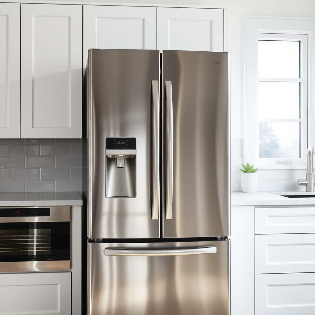 A sleek, modern stainless steel refrigerator with a mirror-like finish, reflecting the surrounding kitchen in its polished surface. The appliance is placed in a well-lit, minimalist kitchen setting, with bright natural light streaming in from large windows. The stainless steel surface catches the light, creating a crisp, clean, and contemporary atmosphere. The refrigerator is the focal point, framed by simple, white cabinetry and a neutral-toned tile backsplash, allowing the appliance's elegant design to shine. The entire scene conveys a sense of sophistication and timeless style, perfectly suited for a premium kitchen environment. A sleek, modern stainless steel refrigerator with a mirror-like finish, reflecting the surrounding kitchen in its polished surface. The appliance is placed in a well-lit, minimalist kitchen setting, with bright natural light streaming in from large windows. The stainless steel surface catches the light, creating a crisp, clean, and contemporary atmosphere. The refrigerator is the focal point, framed by simple, white cabinetry and a neutral-toned tile backsplash, allowing the appliance's elegant design to shine. The entire scene conveys a sense of sophistication and timeless style, perfectly suited for a premium kitchen environment.